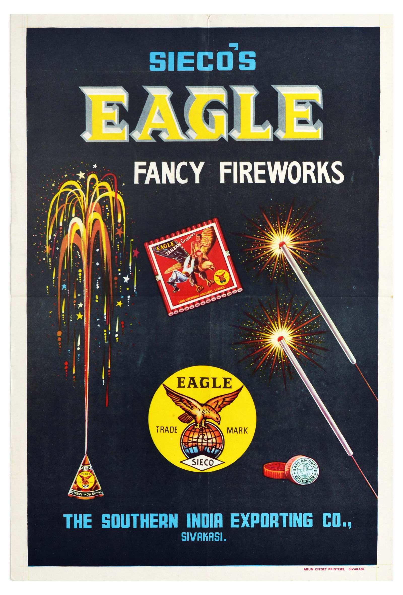 Advertising Poster Sieco Eagle Fancy Fireworks India: Original vintage advertising poster for Sieco's Eagle Fancy Fireworks issued by The Southern India Exporting Co Sivakasi - Design featuring fireworks, sparklers and fire crackers with the Sieco Eagle