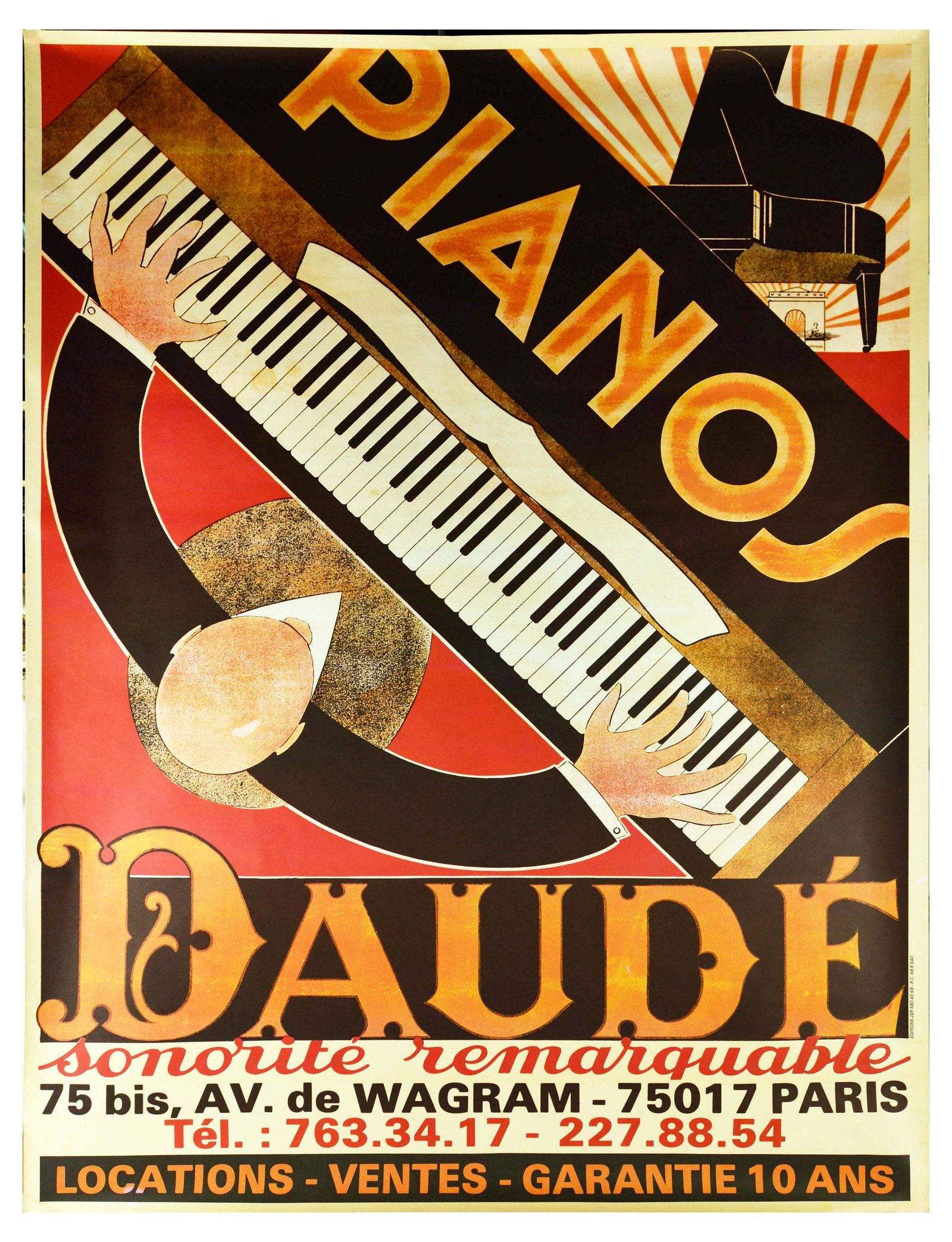Advertising Poster Daude Pianos Art Deco Grand Piano: Original vintage advertising poster for Daude Pianos with Art Deco design by Andre Daude, the former president of Daude Pianos. Text in French reads Daude Pianos - Remarkable sound - For Hire - For Sa