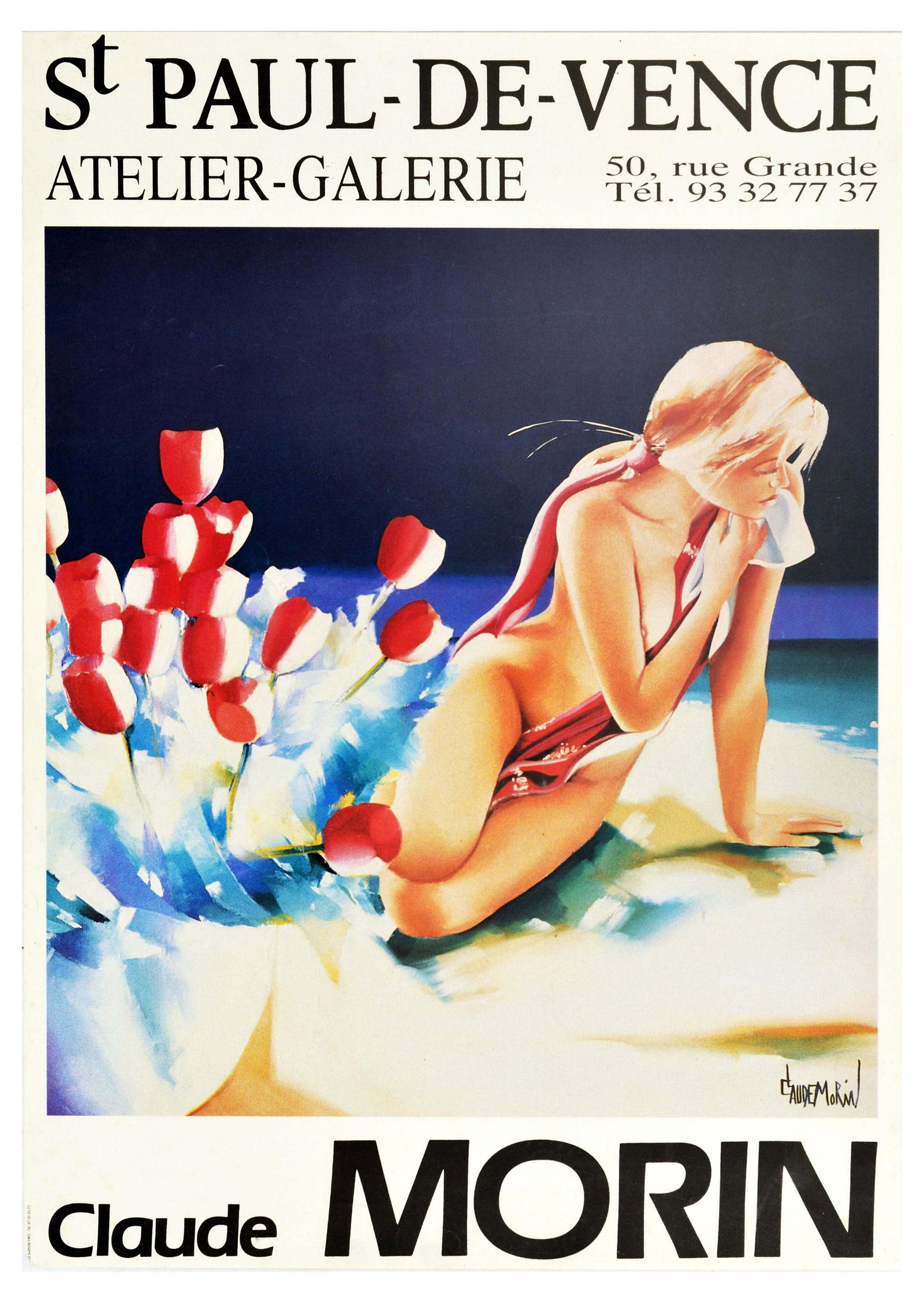 Advertising Poster Claude Morin St Paul de Vence: Original vintage event poster for a Claude Morin exhibition at St Paul-de-Vence Atelier-Galerie. The poster features a painting by Claude Morin of a naked woman wrapped in a red cloth lying on the flo