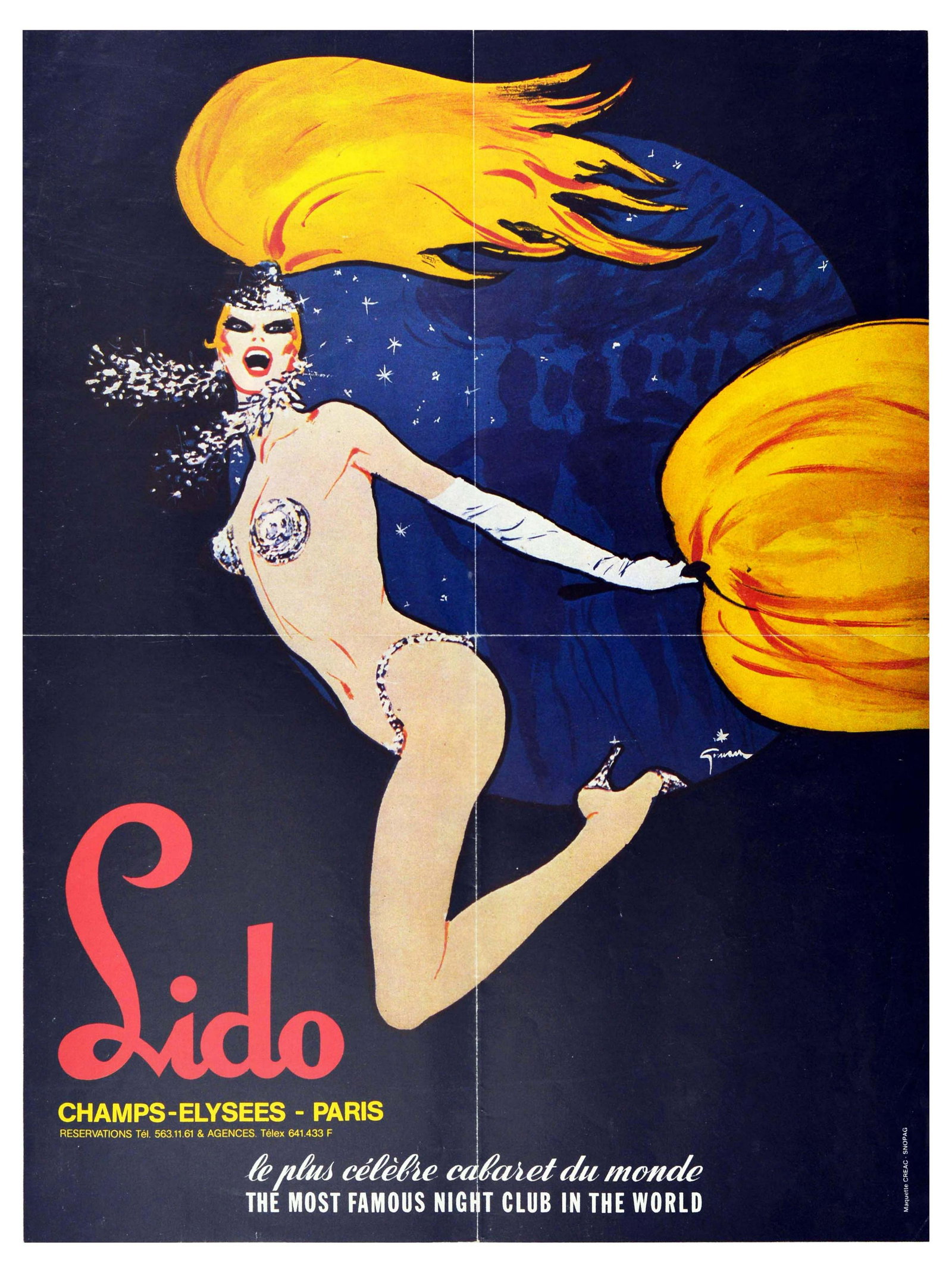 Advertising Poster Lido Cabaret Graue Champs Elysees: Vintage comercially printed double-sided advertising poster for Lido cabaret on the Champs-Elysees Paris. This was most likely an insert in the program for one of the cabaret performances. Le plus cel