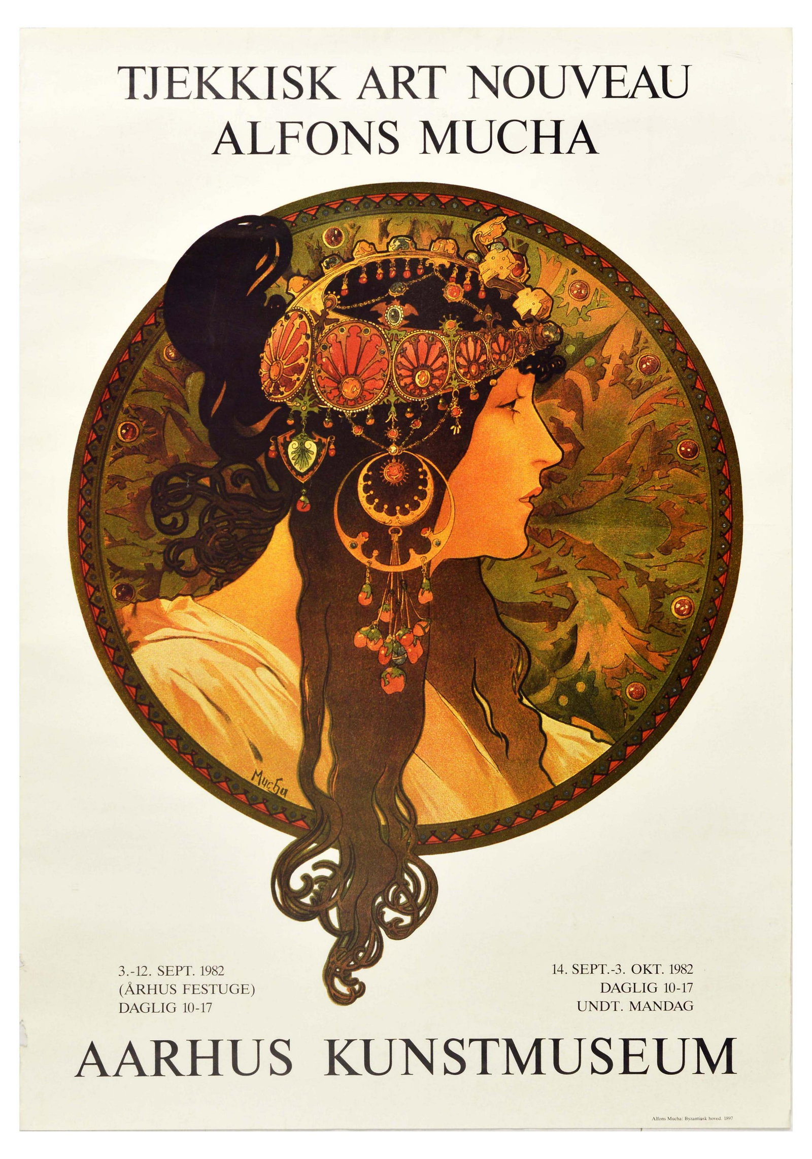 Advertising Poster Art Nouveau Alfons Muncha Aarhus: Original vintage advertising poster for an exhibition of Czech Art Nouveau works by Alfons Muncha at the Aarhus Art Museum / Aarhus Kunstmuseum that took place between 3-12 September 1982 - Design fea