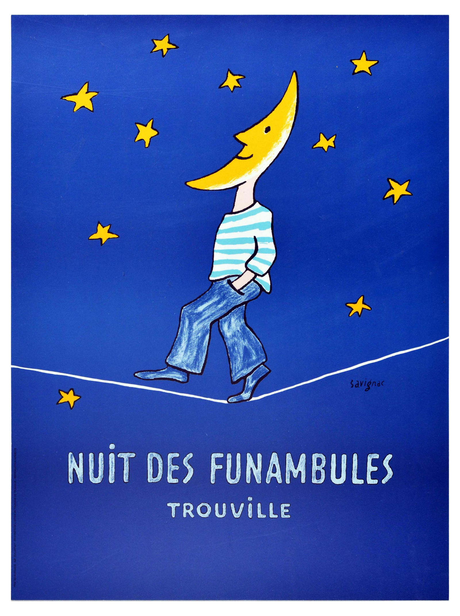 Advertising Poster Tightrope Walkers Trouville Normandy: Original vintage advertising poster for Nuit des Funambules / Night of the Tightrope Walkers in Trouville Normandy with a whimsical design by French graphic designer and illustrator Raymond Savignac (