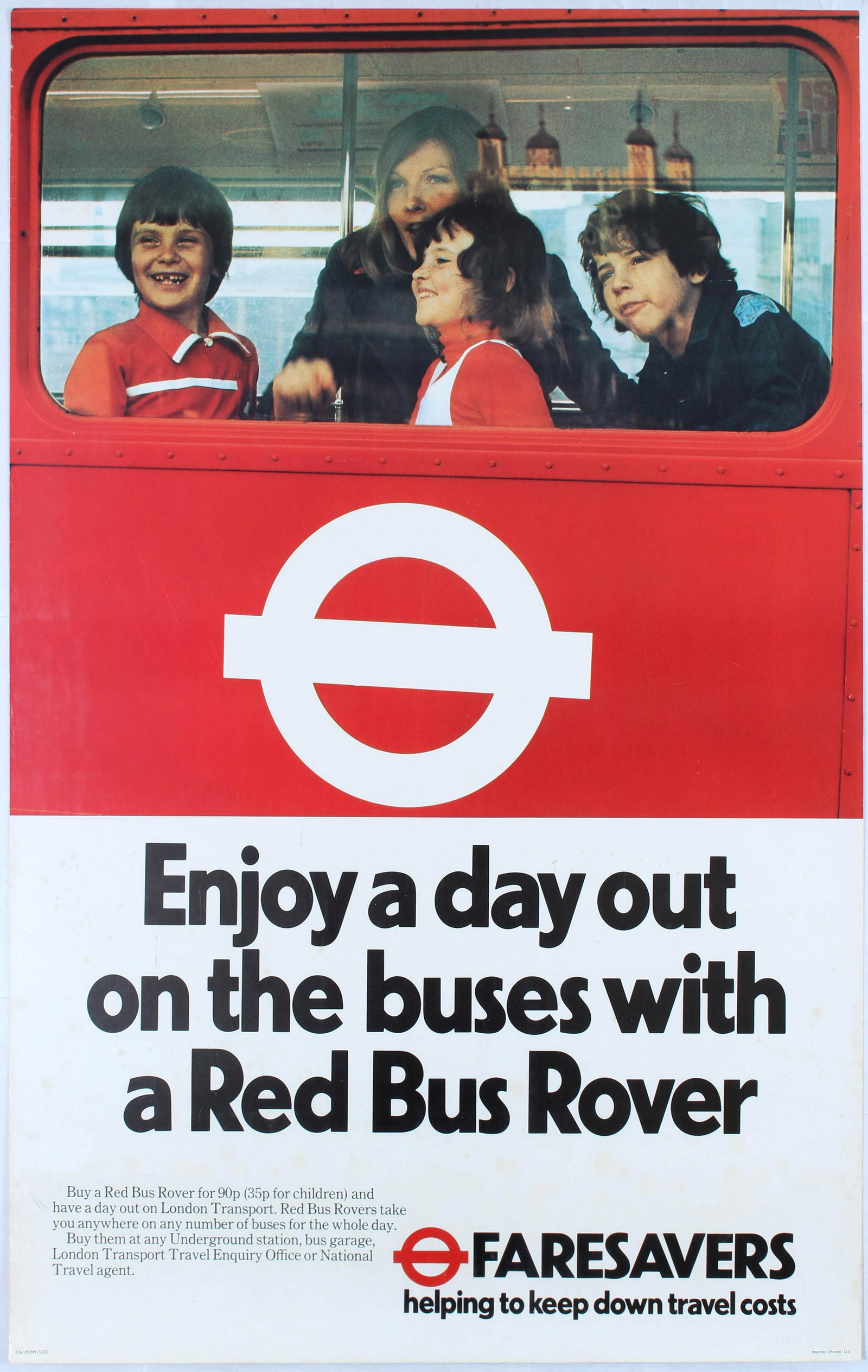 Advertising Poster London Transport Poster Buses Red: Original vintage advertising poster London Transport Buses "Enjoy a day out on the buses with a Red Bus Rover" Faresavers helping to keep down travel costs. Illustration feature woman with three kids 