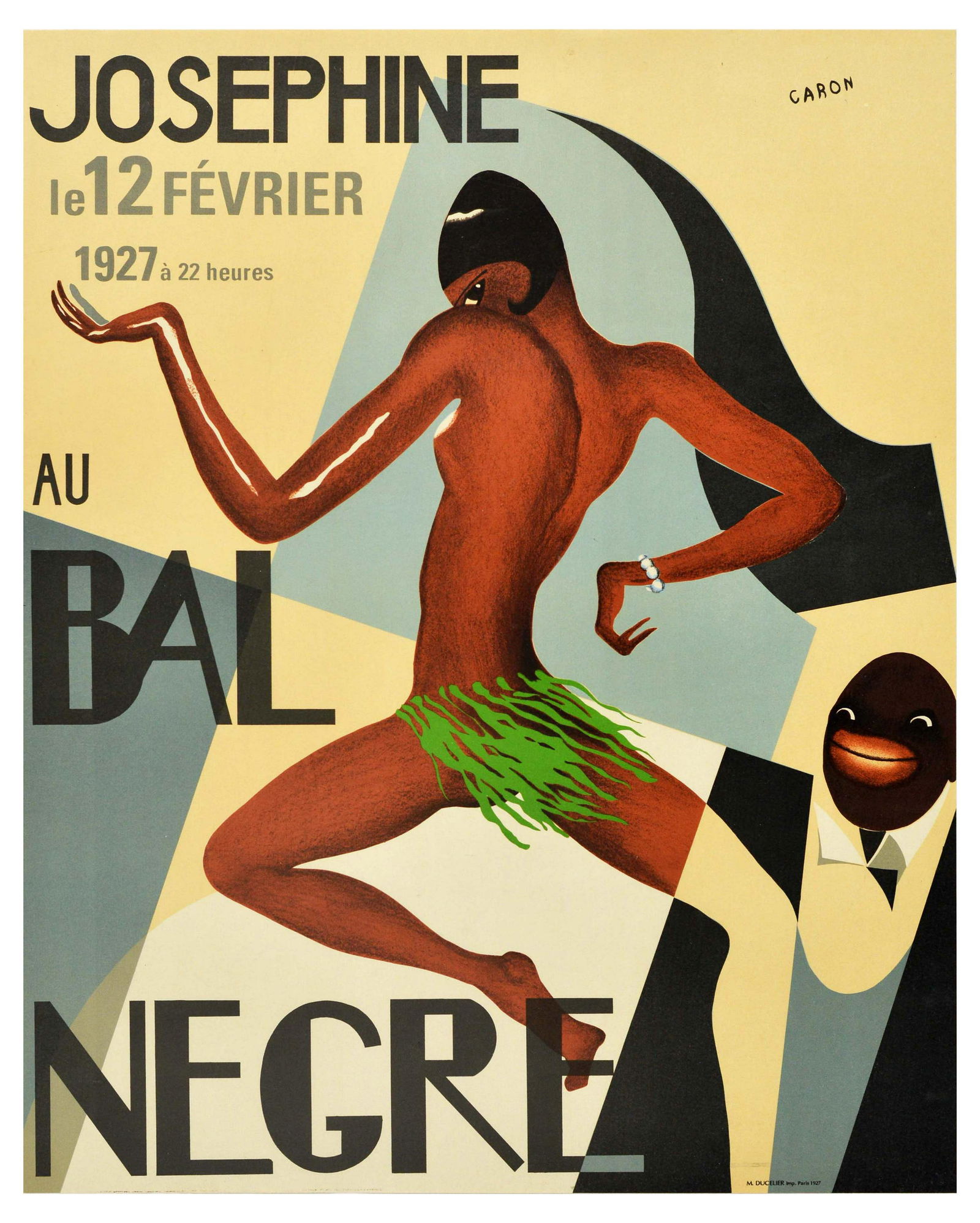 Advertising Poster Josephine Baker Bal Negre Cabaret: Later reissue of the 1927 poster for Josephine Baker au Bal Negre, featuring artwork by Caron. The art deco image shows Josephine Baker wearing a green grass-skirt and pearl bracelet, facing away from