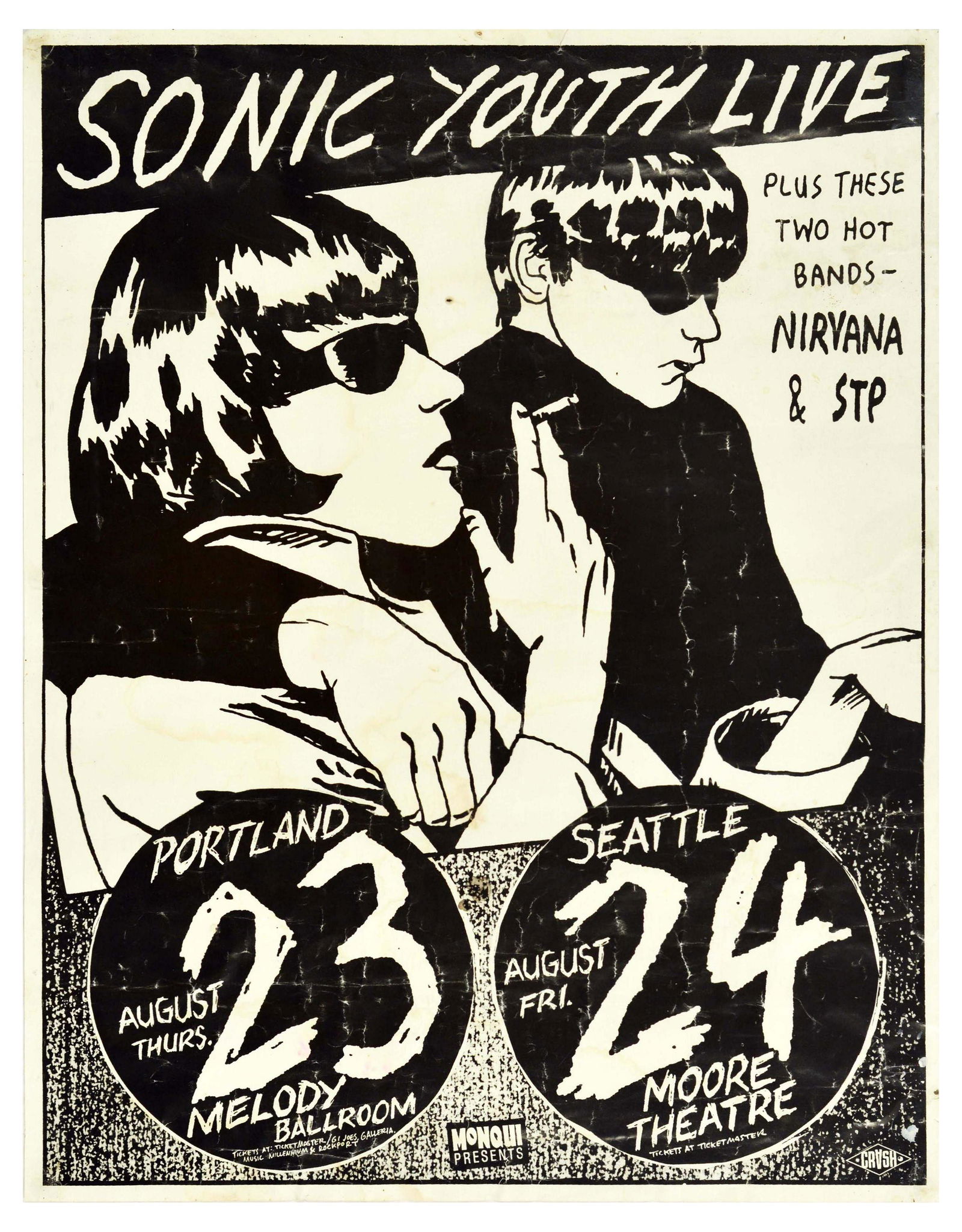 Advertising Poster Sonic Youth Live Nirvana Mike King: Commercial reproduction printed on shiny paper of a music poster advertising a Sonic Youth Live tour to promote their new album Goo in August 1990. Sonic Youth Live were supported by Nirvana and STP,