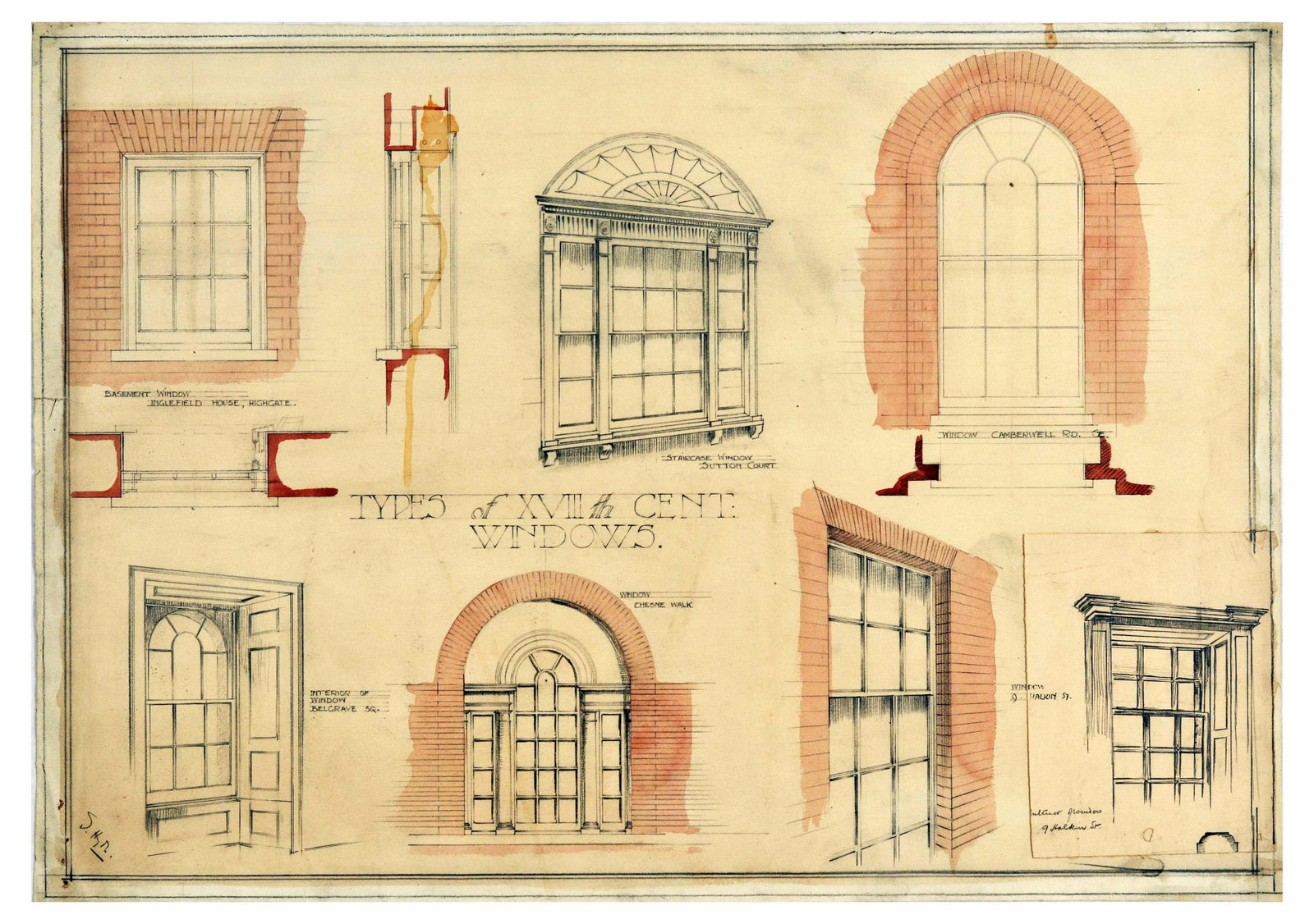 Drawing London Architecture Windows 18th Century: Original hand drawn architectural illustration and sketches of different types of XVIII century windows - Basement window in Inglefield house, Highgate; Staircase Window from Sutton Court; Window at C
