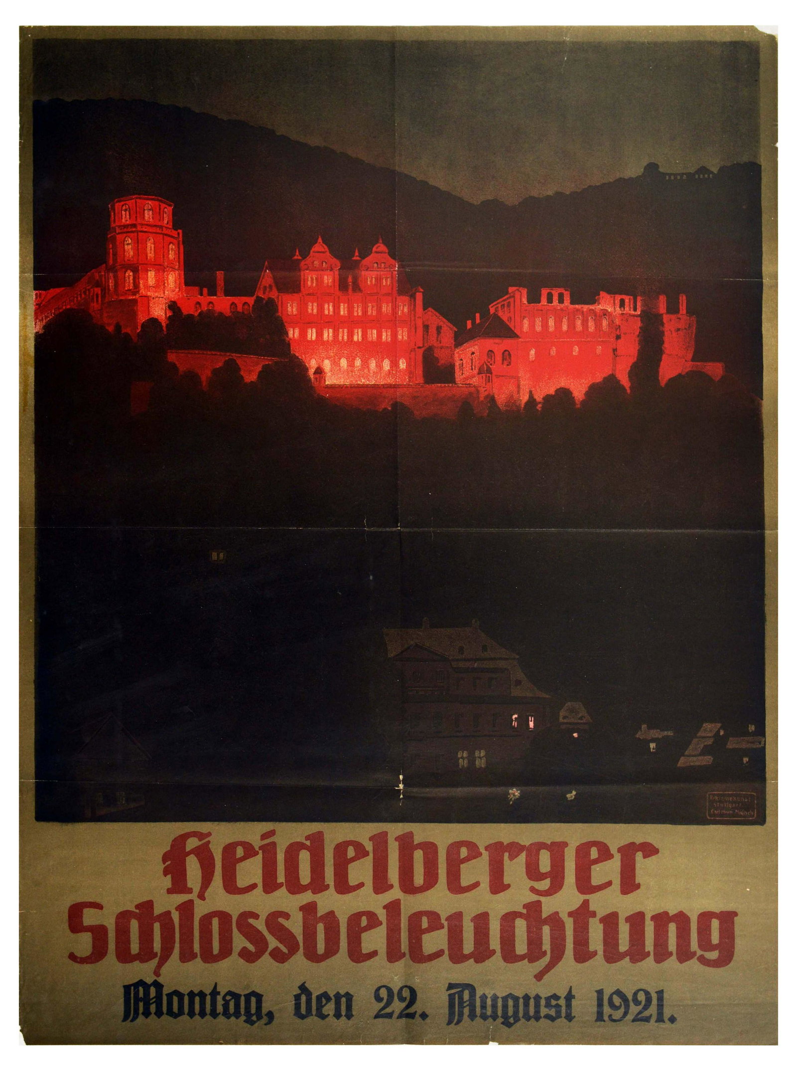 Travel Poster Heidelberg Castle Lights Germany: Original vintage event poster advertising Heidelberger Schlossbeleuchtung - Montag, den 22. August 1921 / Heidelberg Castle lights, Monday 22nd August 1921. The photo shows Heidelberg Castle at night,