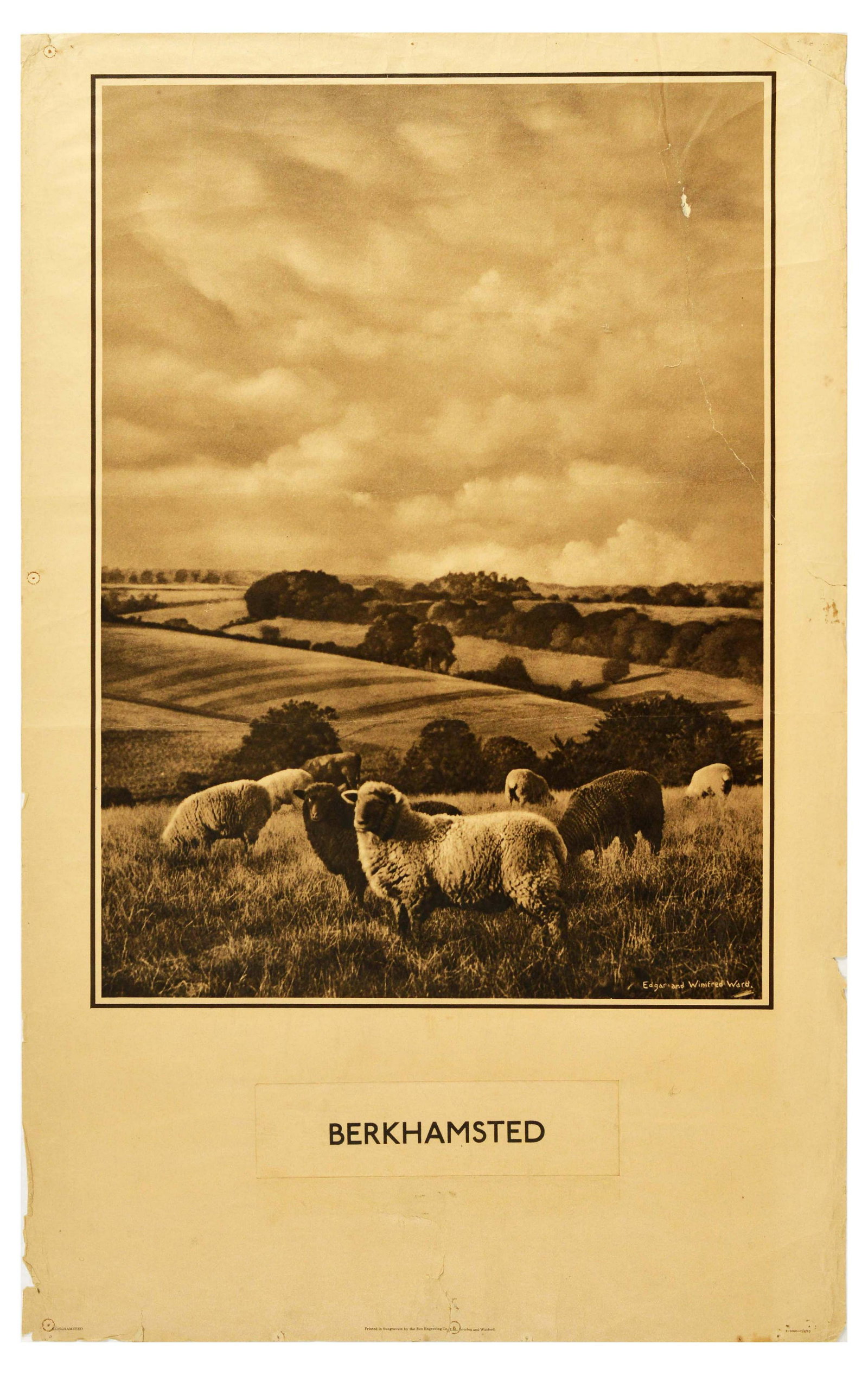 Travel Poster LT Berkhamsted Hertfordshire Chilterns: Original vintage London Transport travel poster promoting Berkhamsted. Berkhamsted is a historic market town close to the western boundary of Hertfordshire, England, in the small Bulbourne valley in t