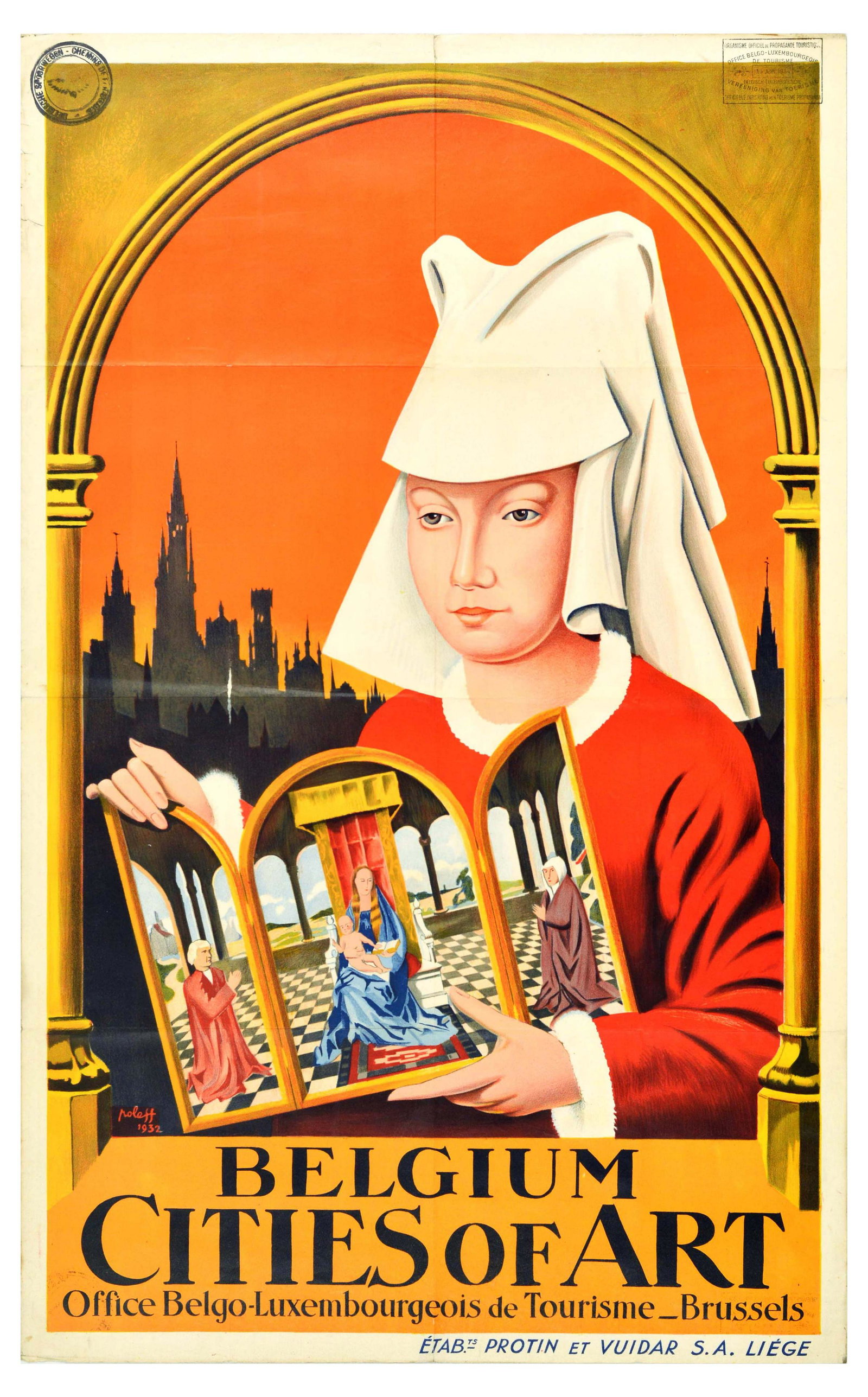 Travel Poster Belgium Brussels Cities of Art: Original vintage travel poster promoting Belgium - Cities of Art - designed by Poleff. The image shows a woman in a Byzantine or Middle Ages style habit and a red robe, holding a painting of Mary and 