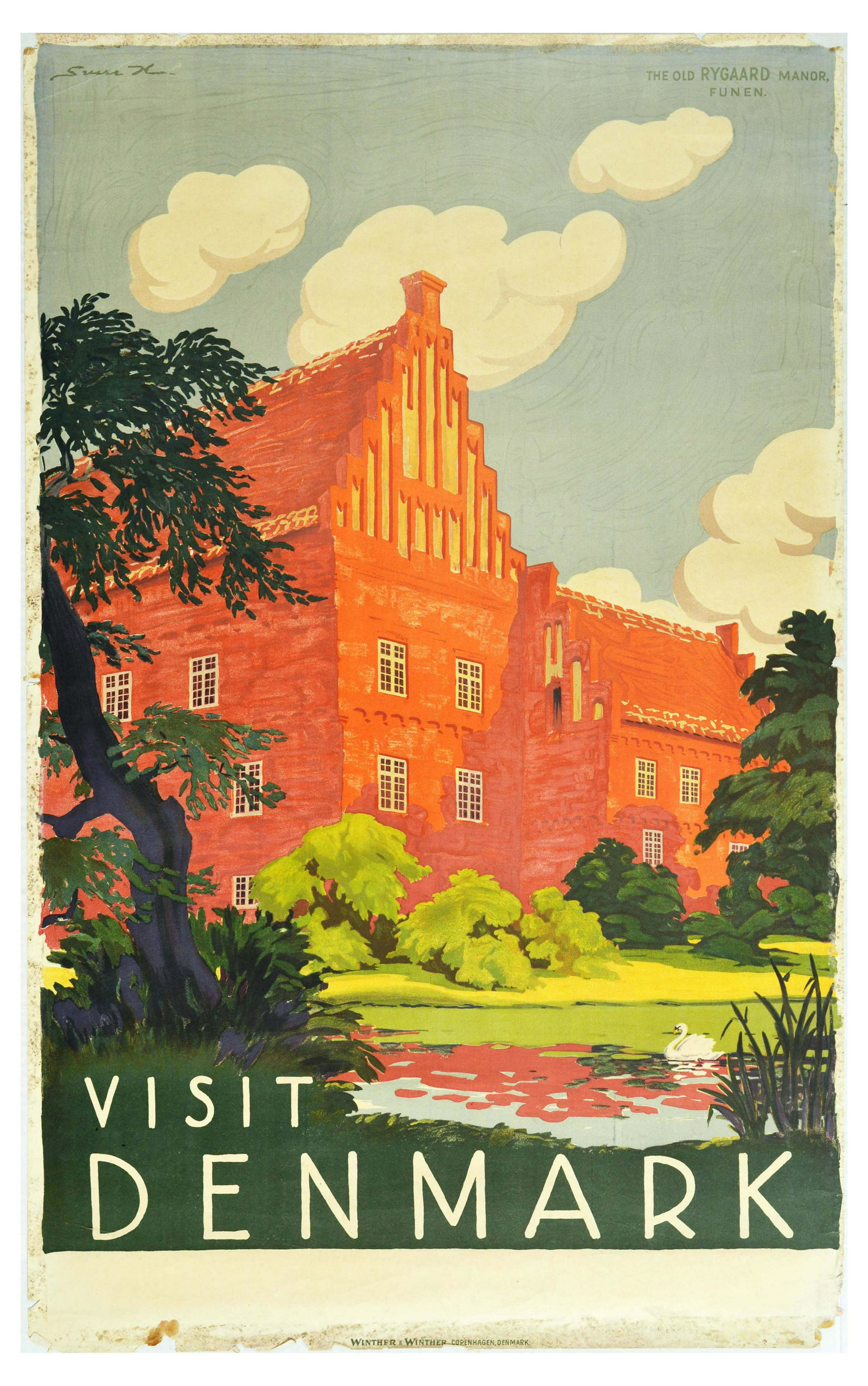 Travel Poster Denmark Rygaard Manor Funen Copenhagen: Original vintage travel poster inviting to visit Denmark. The poster features a great bright illustration by Sven Henriksen (1890-1935) of a Rygaard manor in bright orange and red colours and its beau