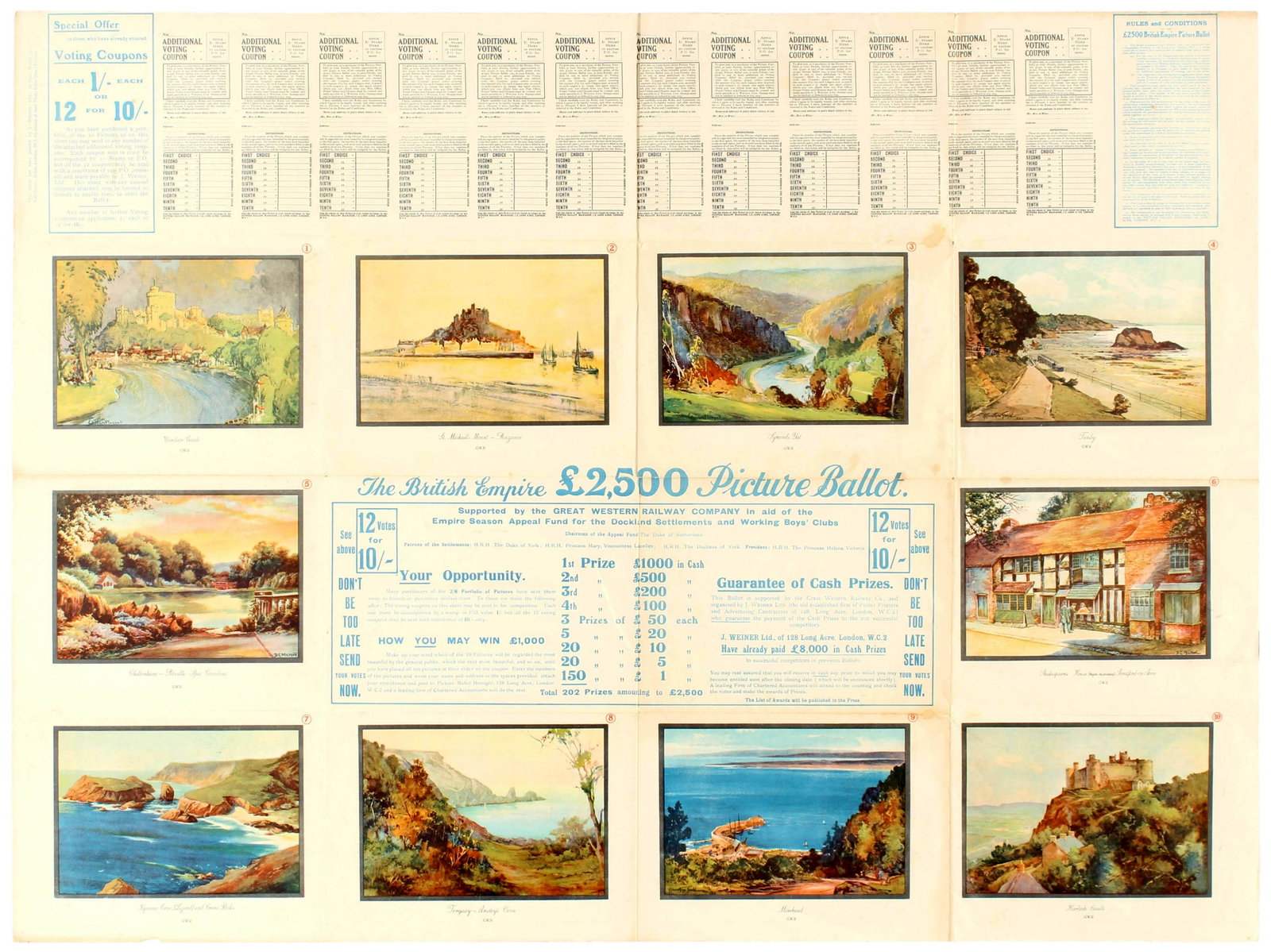 Travel Poster British Empire GWR Picture Ballot: Original vintage travel poster advertising the British Empire £2500 picture ballot supported by the GWR to raise funds for the dockland settlements and working boys' clubs. Coloured pictorial de