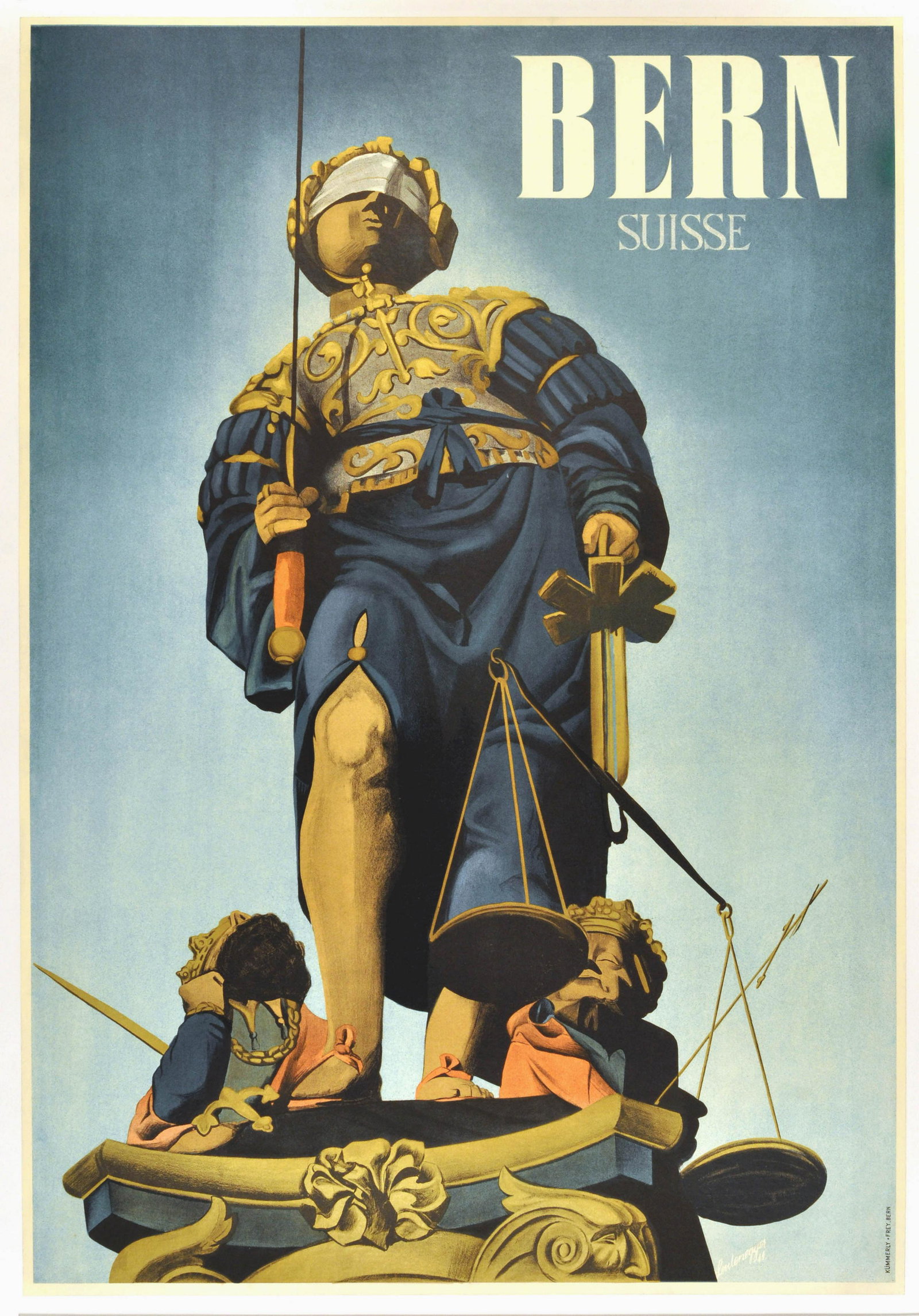 Travel Poster Bern Suisse Switzerland: Original vintage travel poster printed for the 750th anniversary of Bern, the capital of Switzerland. Fantastic image of the Fountain of Justice, a 16th-century fountain in the Gerechtigkeitsgasse in 