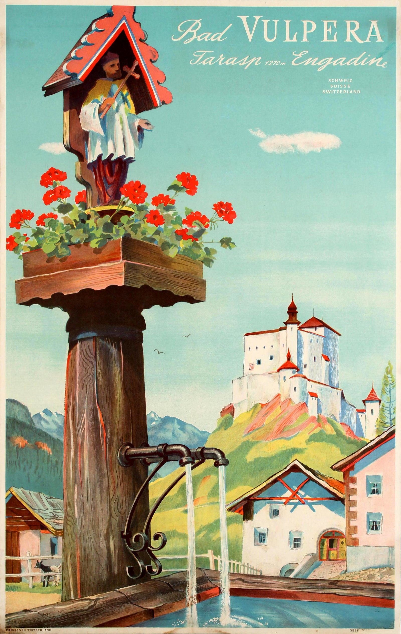 Travel Poster Bad Vulpera Tarasp Engadin Switzerland: Original vintage travel poster for Bad Vulpera Tarasp 1270m Engadin in Switzerland featuring a scenic illustration of a water fountain with red flowers on the wooden stand below a priest holding a cro