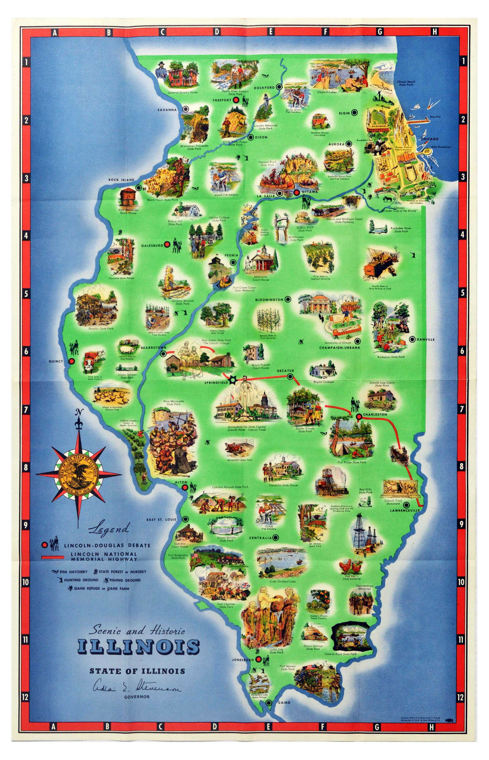 Travel Poster Illinois Illustrated Map Scenic Historic: Original vintage travel poster features a pictorial map of the state of Illinois detailing the history, natural landmarks, agricultural achievements, and locations for outdoor activities. The reverse 