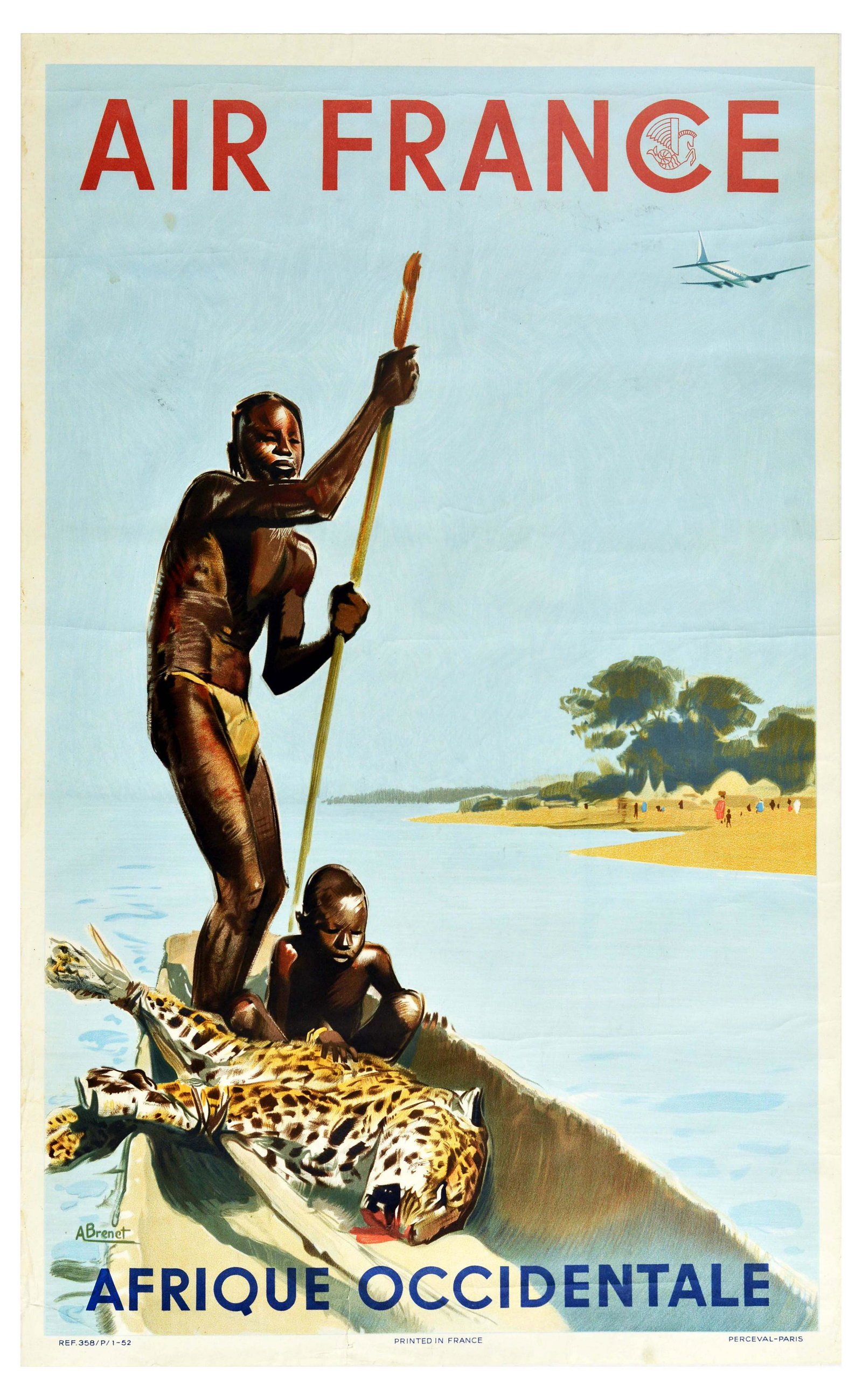 Travel Poster Air France Airline Africa Afrique: Original vintage travel poster for Air France promoting West Africa. The painting by Alfred Brenet shows two boys on a narrow boat - one is rowing the boat along a river with a long pole and the other
