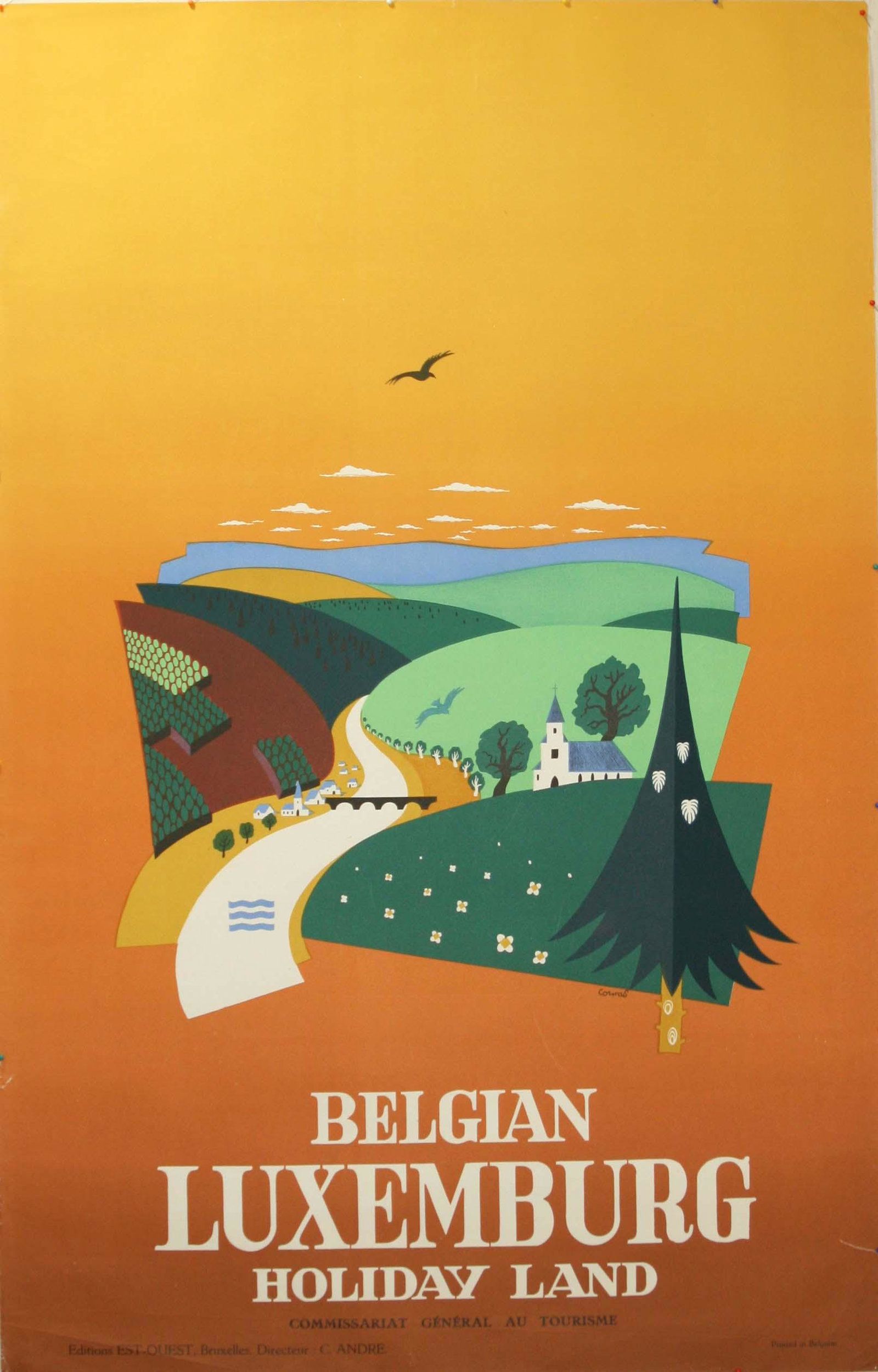 Travel Poster Belgian Luxemburg Luxembourg: Original vintage travel advertising poster: Belgian Luxemburg - holiday land, featuring an illustration of valey with fields, river, and blue rooftop churches, against gradual brown and yellow backgro