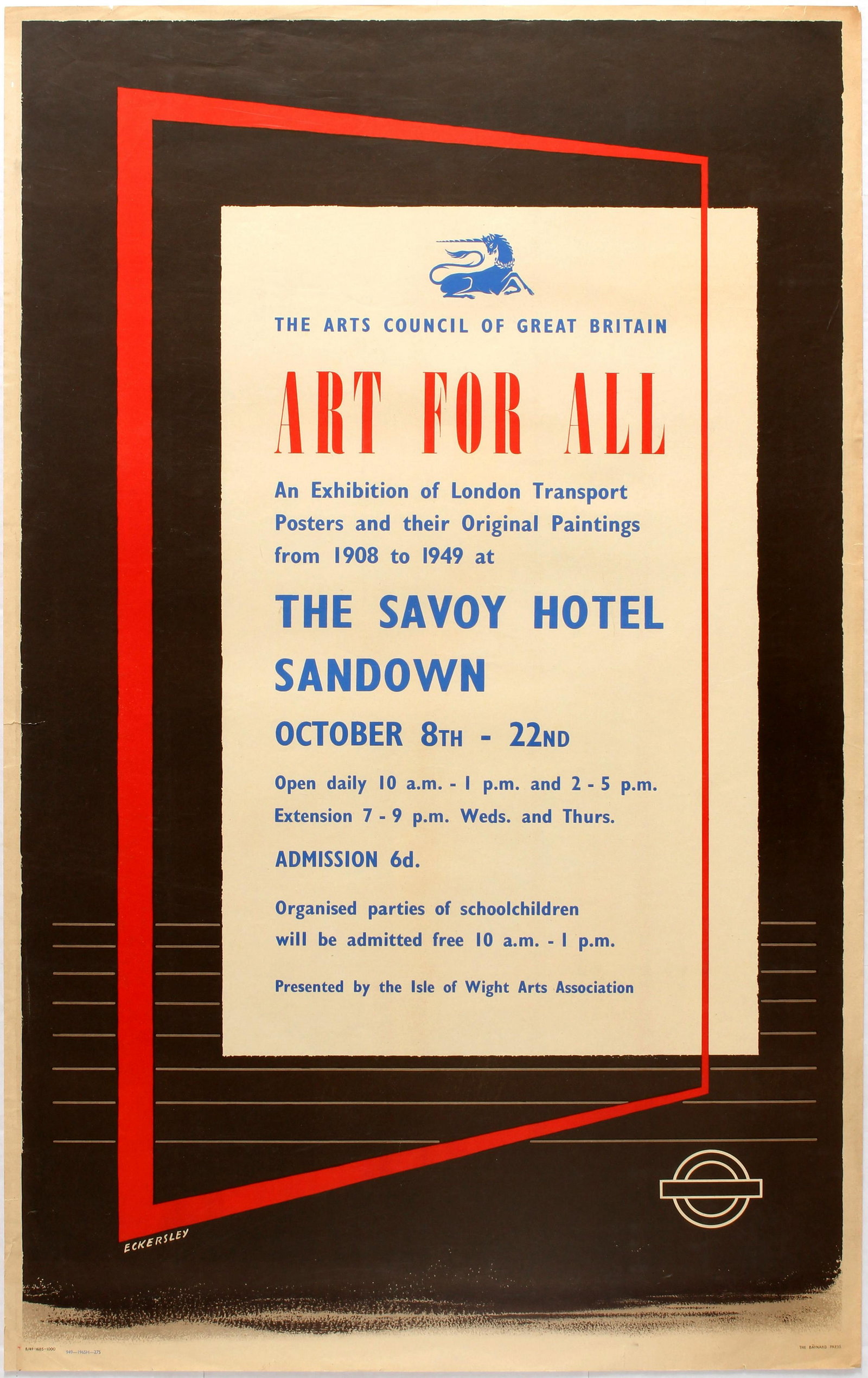 Travel Poster Art For All LT Tom Eckersley: Original vintage London Transport travel poster Art For All. The Arts Council Of Great Britain. An Exhibition of London Transport Posters and their Original Paintings from 1908 to 1949 at The Savoy Ho