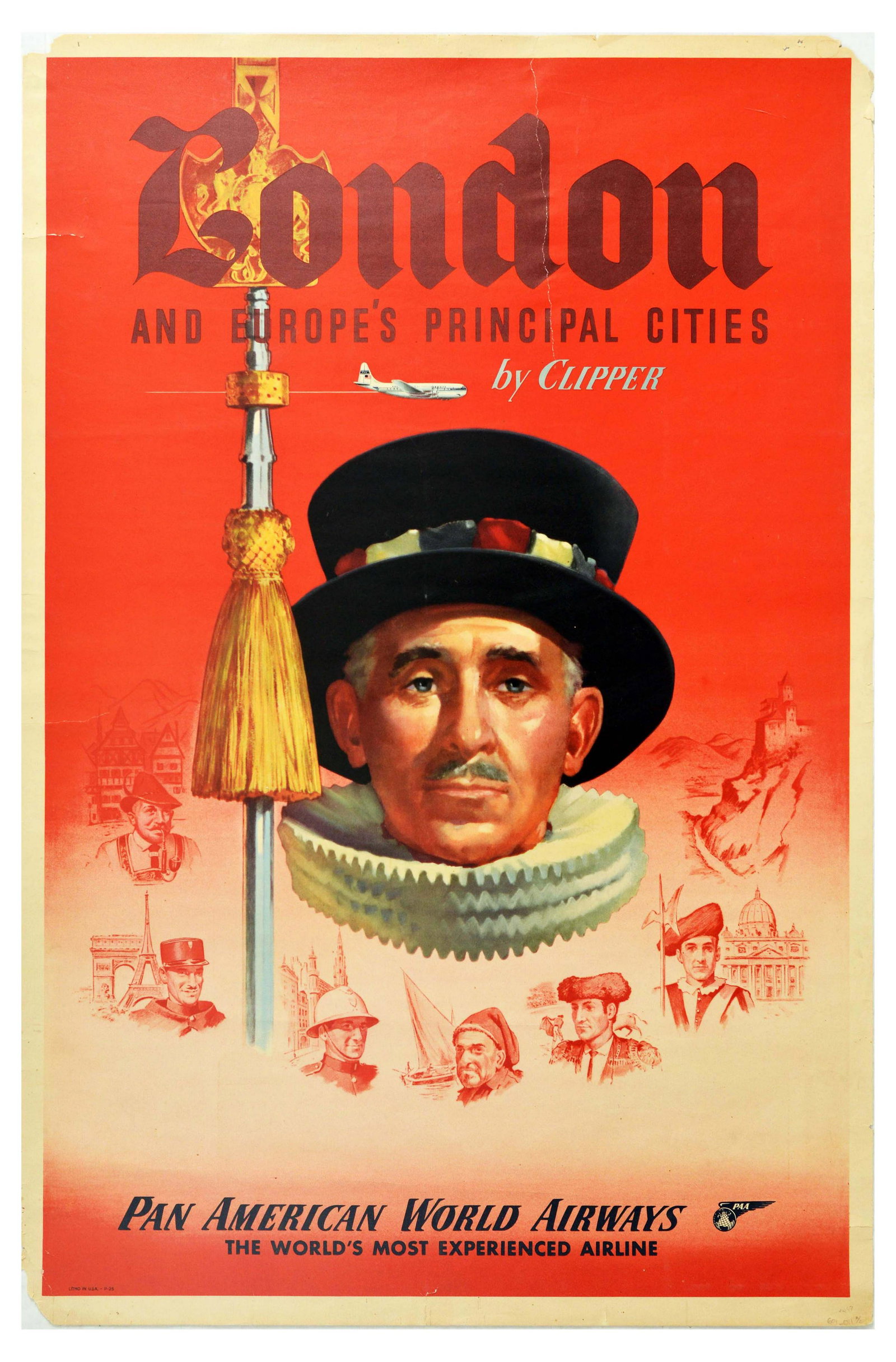 Travel Poster Pan Am London and Europe Beefeater: Original vintage travel poster promoting air travel with the world's most experienced airline - Pan American World Airways. The poster reads London and Europe's Principal Cities by Clipper in stylised