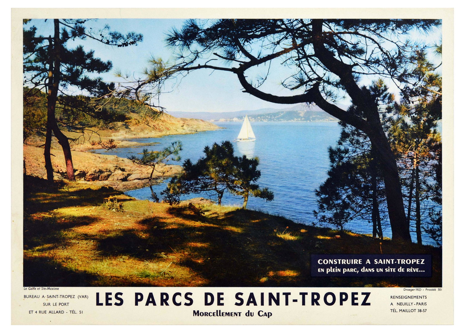 Travel Poster Saint Tropez Sante Maxime Cote dAzur: Original vintage travel poster featuring a tranquil view over the gulf waters near Saint Tropez. The photograph titled Gulf at Sante-Maxime, taken from under the welcoming shade of pine trees depicts