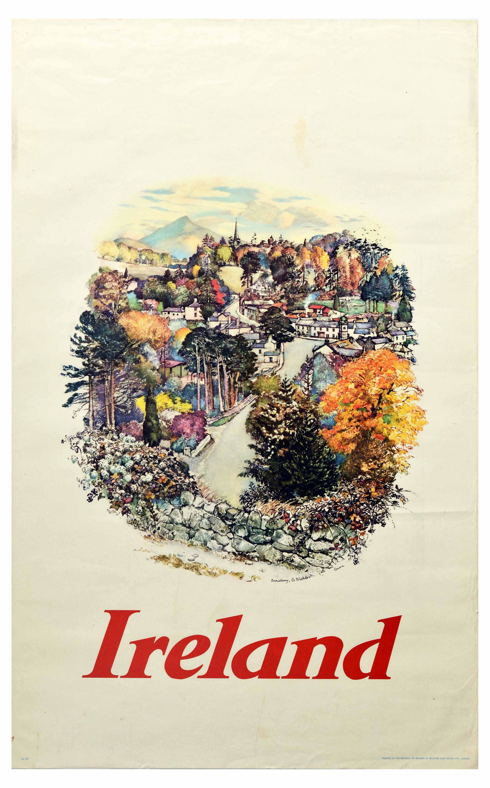 Travel Poster Ireland Enniskerry Village Wicklow: Original vintage travel poster advertising to visit Ireland. Great colourful design by the painter and etcher Raymond Teague Cowern (1913-1986) of an idyllic Irish Enniskerry village and countryside w