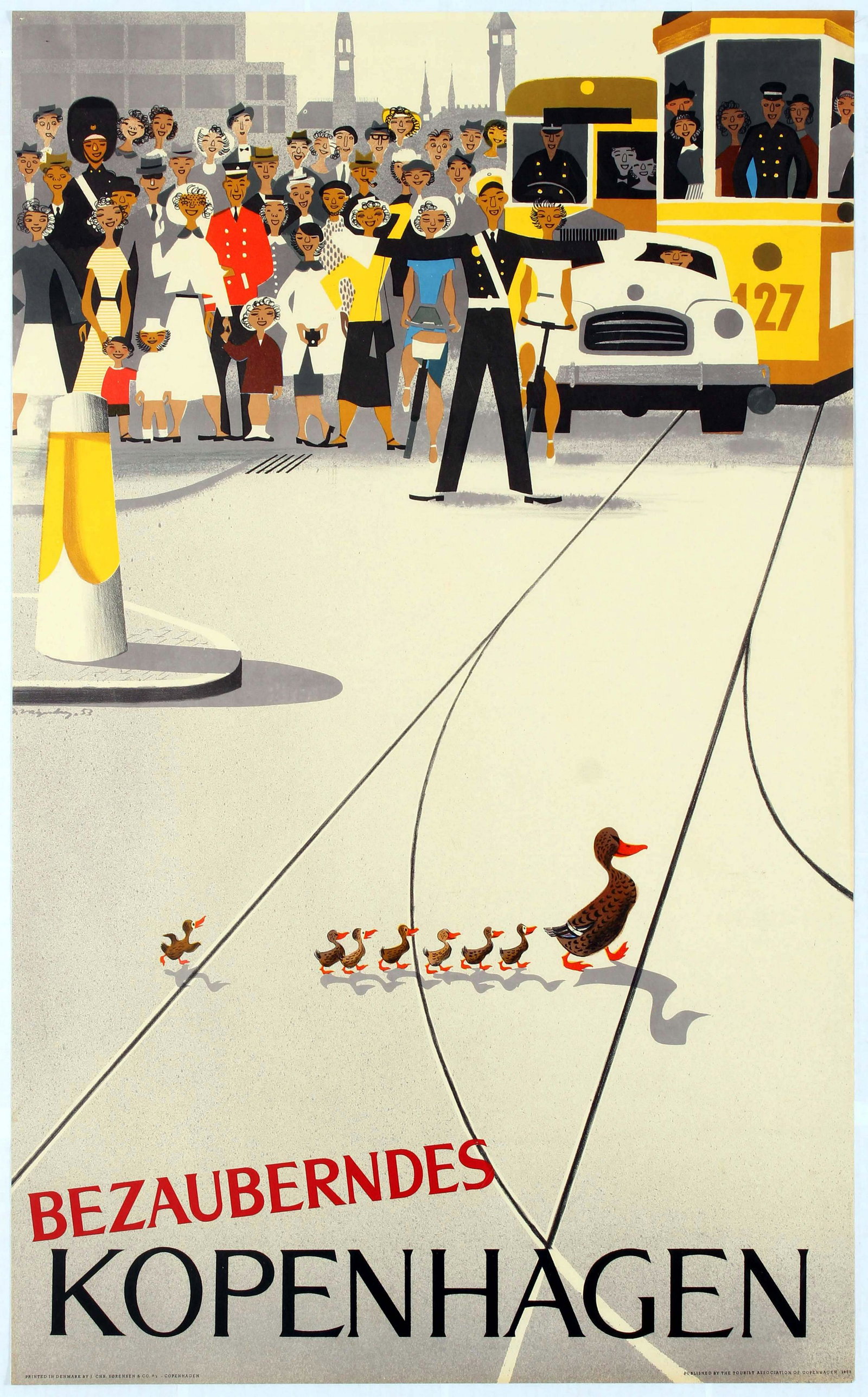 Travel Poster Wonderful Copenhagen Viggo Vagnby Denmark: Original vintage travel advertising poster for Wonderful Copenhagen featuring a classic image by the Danish artist Viggo Vagnby (1896-1966) of a family of ducks crossing the road with the help of a tr