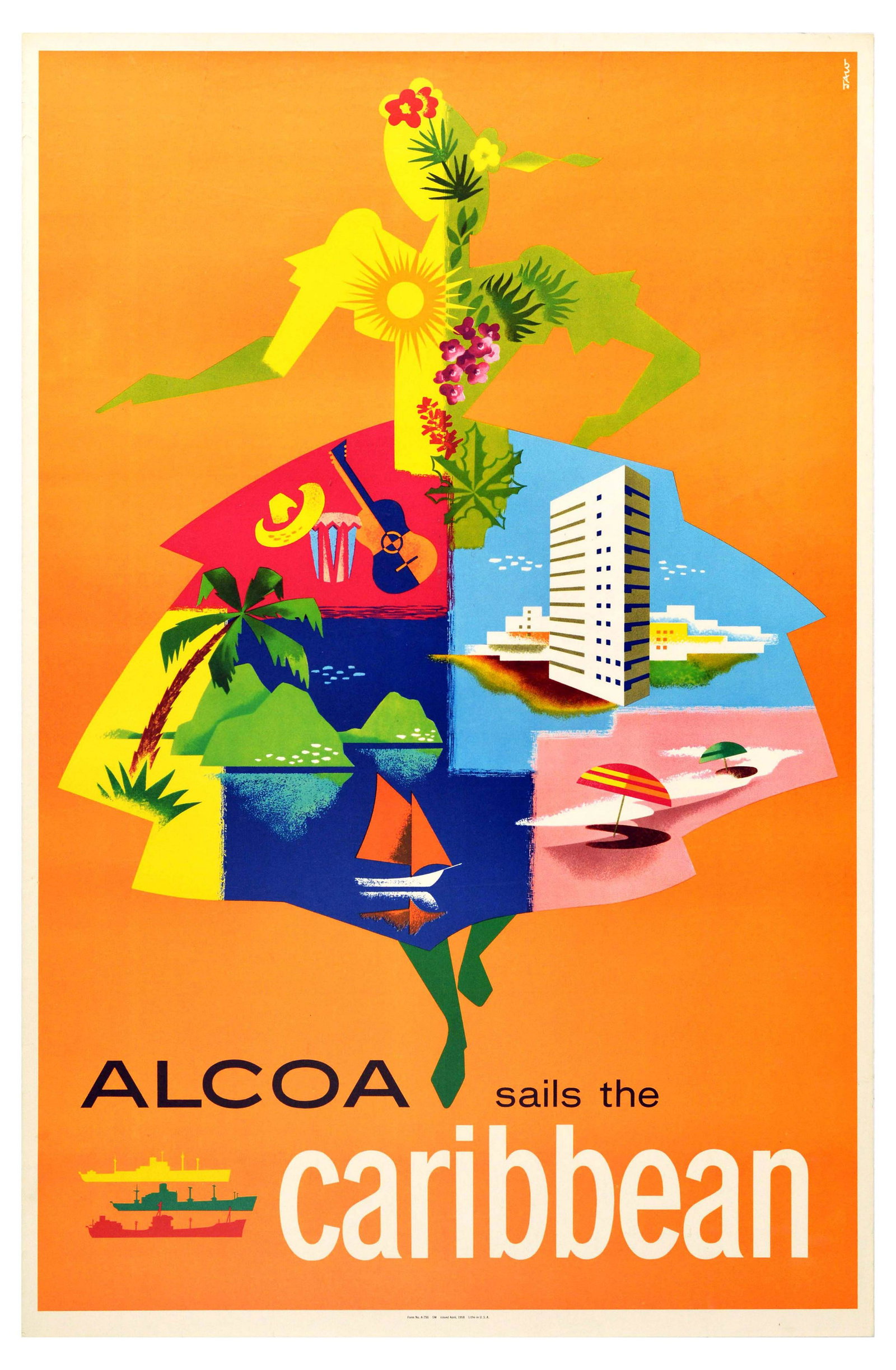 Travel Poster Caribbean Alcoa Cruise Holiday Beach Boat: Original vintage travel poster Alcoa Sails the Caribbean - Design features the silhouette of a lady wearing a dress comprised of Caribbean holiday activities including a tropical beach, sail boat, hot