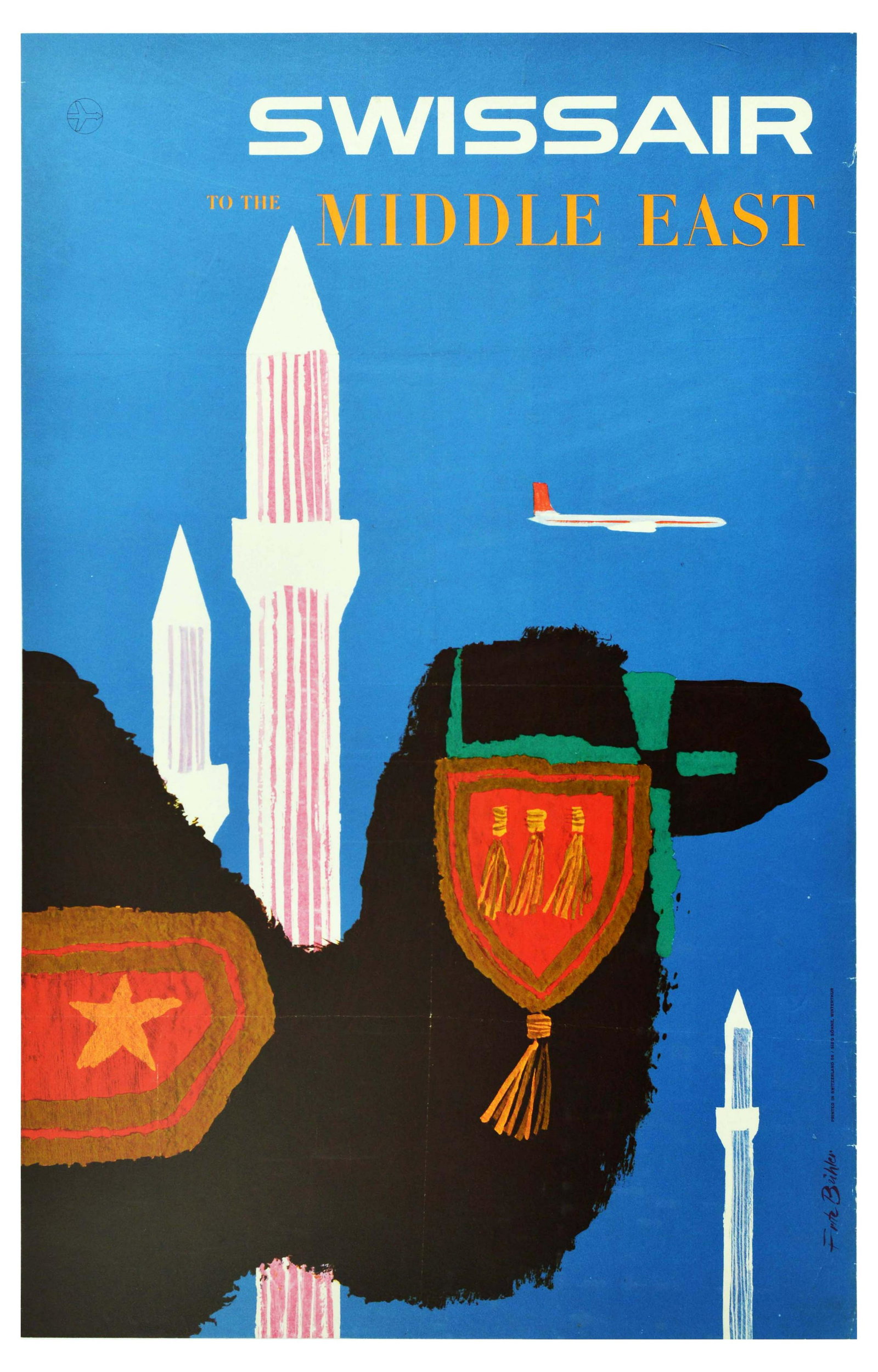 Travel Poster Swissair Airline Middle East Camel: Original vintage travel poster promoting the Middle East, published by Swiss Air. The eye catching design features a black camel wearing red tasseled ornaments - the background shows elegant white min