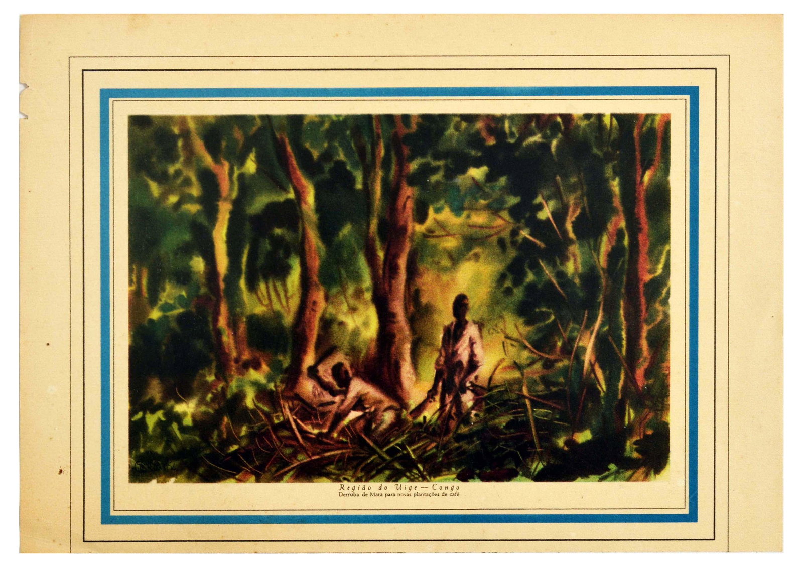 Travel Poster Congo Coffee Plantations Africa Farm: Original vintage poster titled Regido do Uige - Congo. Derruba de Mata para novas plantacoes de cafe / Uige Governorate - Congo. Felling of forest for new coffee plantations. The painting shows two fa
