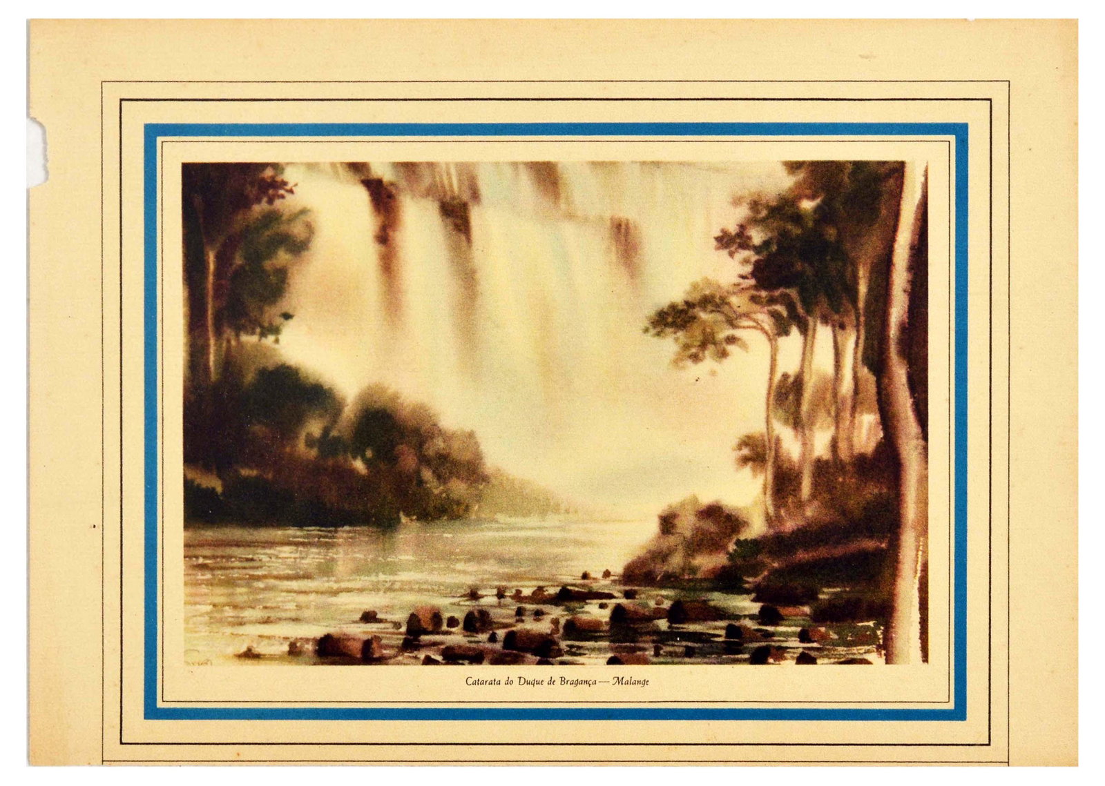 Travel Poster Calandula Falls Angola Africa Waterfall: Original vintage poster titled Catarata do Duque de Braganca - Malange / Duke of Braganca Waterfall - Malange. The painting shows a waterfall with a rocky beach and trees lining the banks of the river