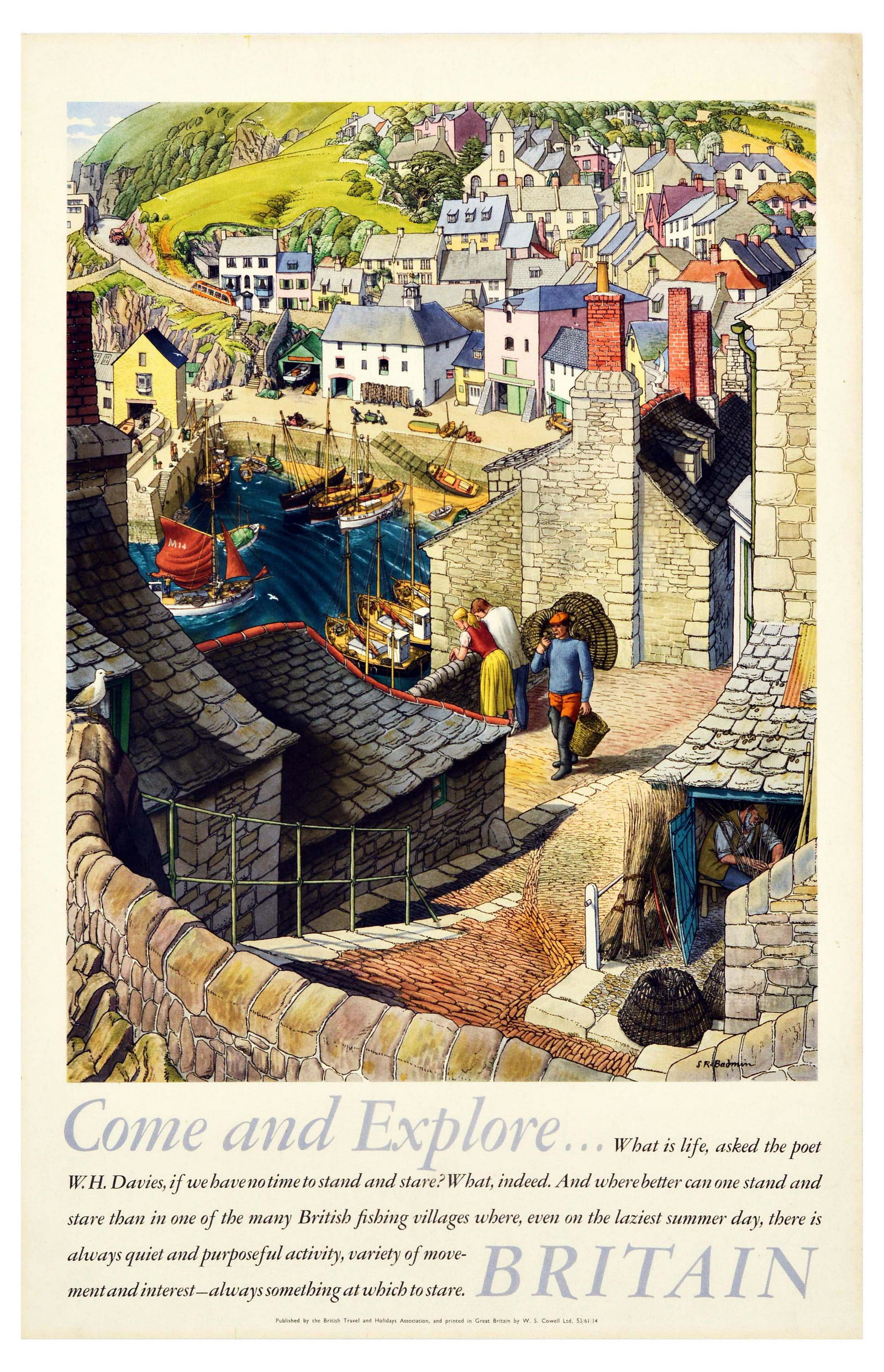 Travel Poster British Travel Fishing Villages Stanley: Original vintage travel poster promoting Britain, issued by the British Travel and Holidays Association with a painting by Stanley Roy Badmin (1906 - 1989). The image shows a picturesque fishing villa