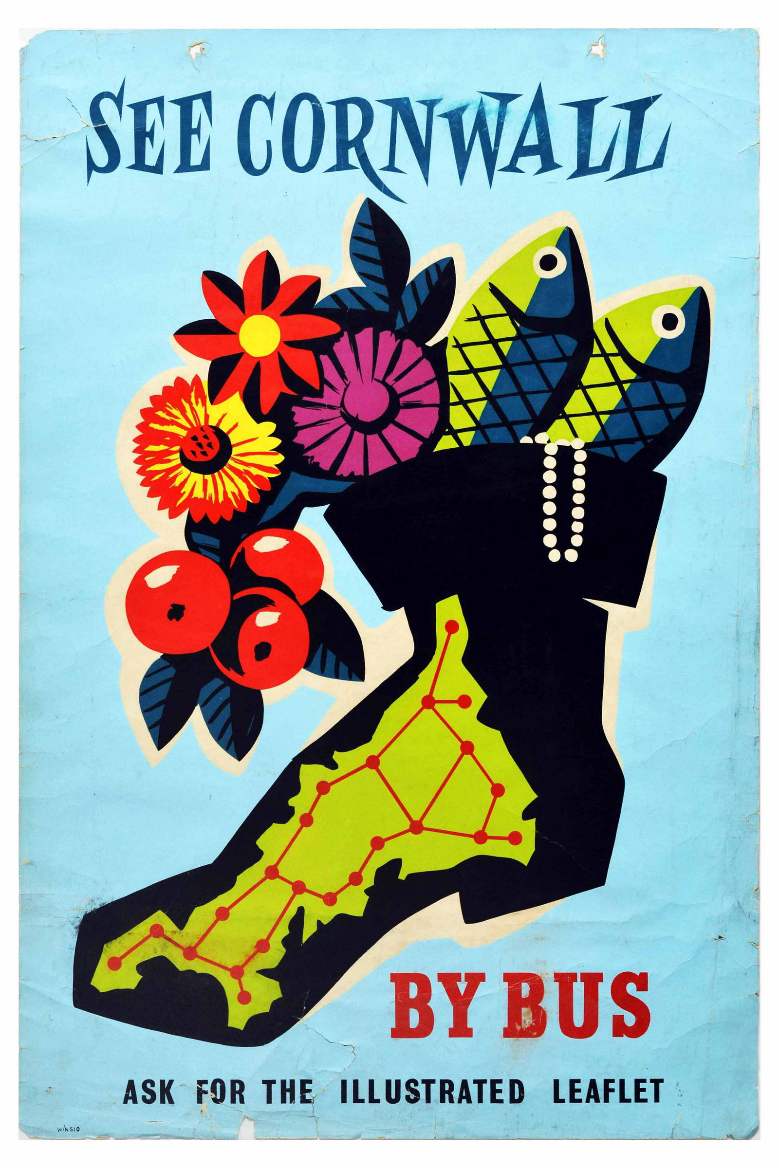 Travel Poster See Cornwall by Bus Midcentury Modern: Original vintage travel poster inviting to - See Cornwall by bus. Ask for the illustrated leaflet. - the poster features a great illustration of Cornwall as a black boot filled with red fruit, purple,