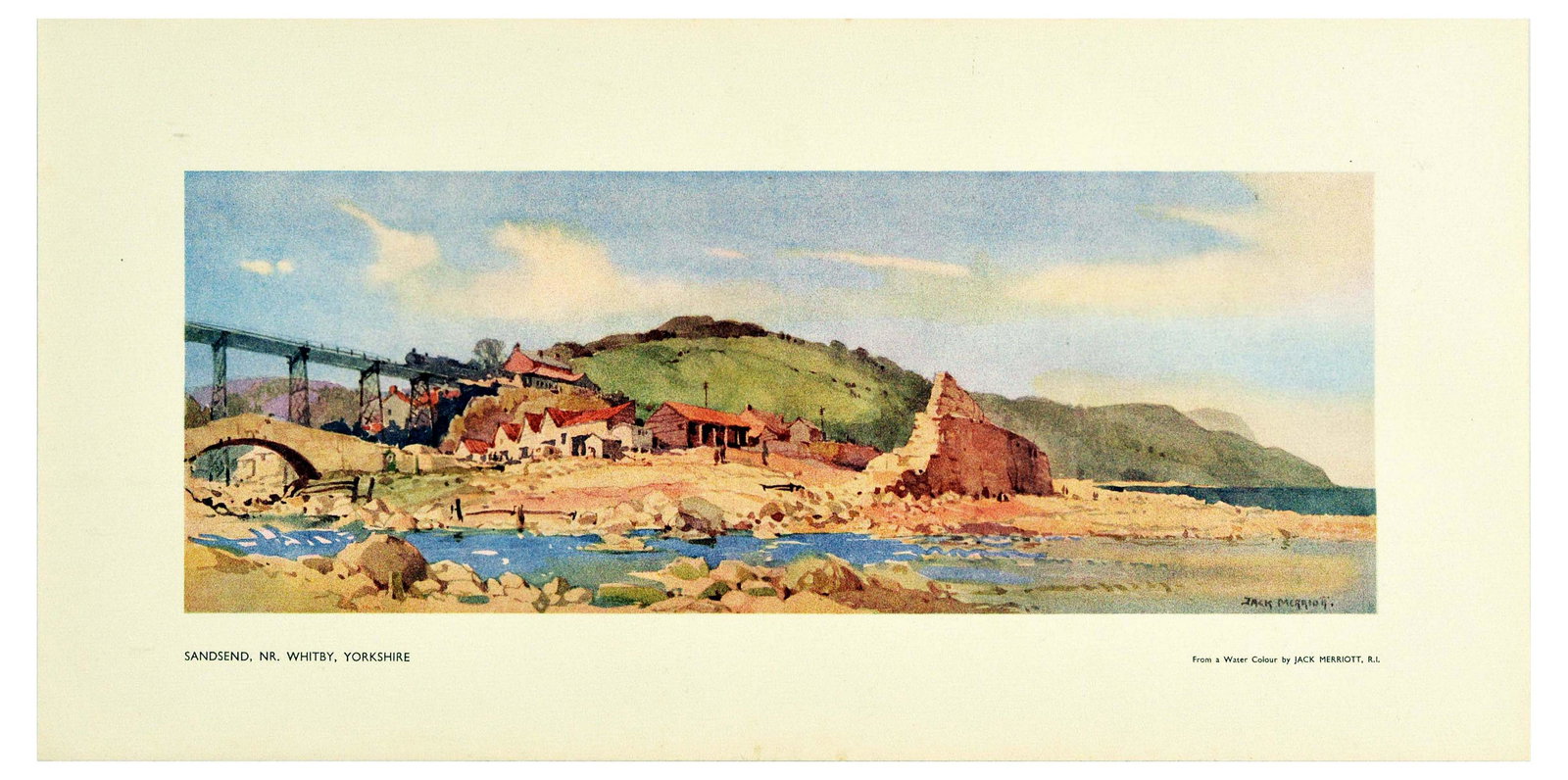 Set Travel Posters LNER Yorkshire Suffolk Essex Ilkley: Set of four original vintage travel posters / carriage prints issued by the London North Eastern Railway. 1. Sansend near Whitby in Yorkshire, featuring a reproduction of a watercolour by Jack Merriot