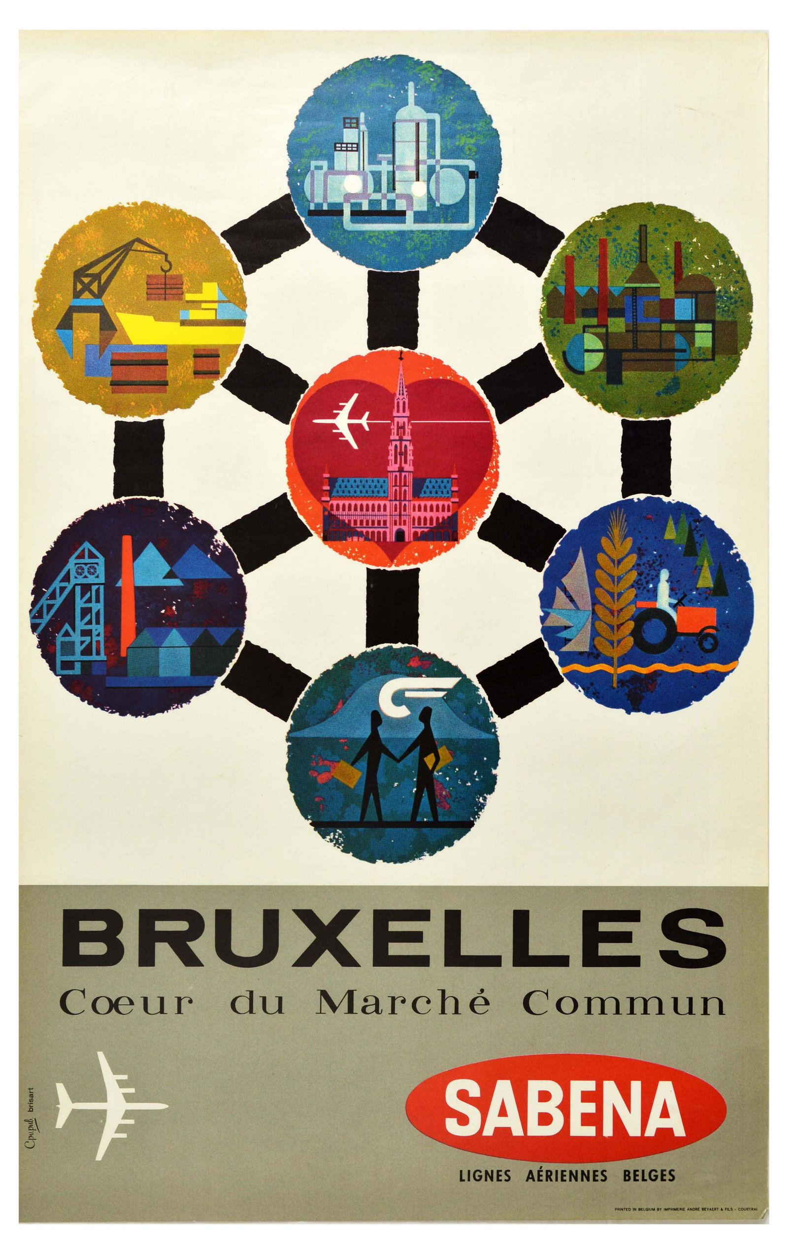 Travel Poster Brussels Sabena Belgium Airlines: Original vintage travel poster promoting air travel with Sabena - Societe anonyme belge d'Exploitation de la Navigation aerienne - national airline of Belgium from 1923 to 2001 - Design features great