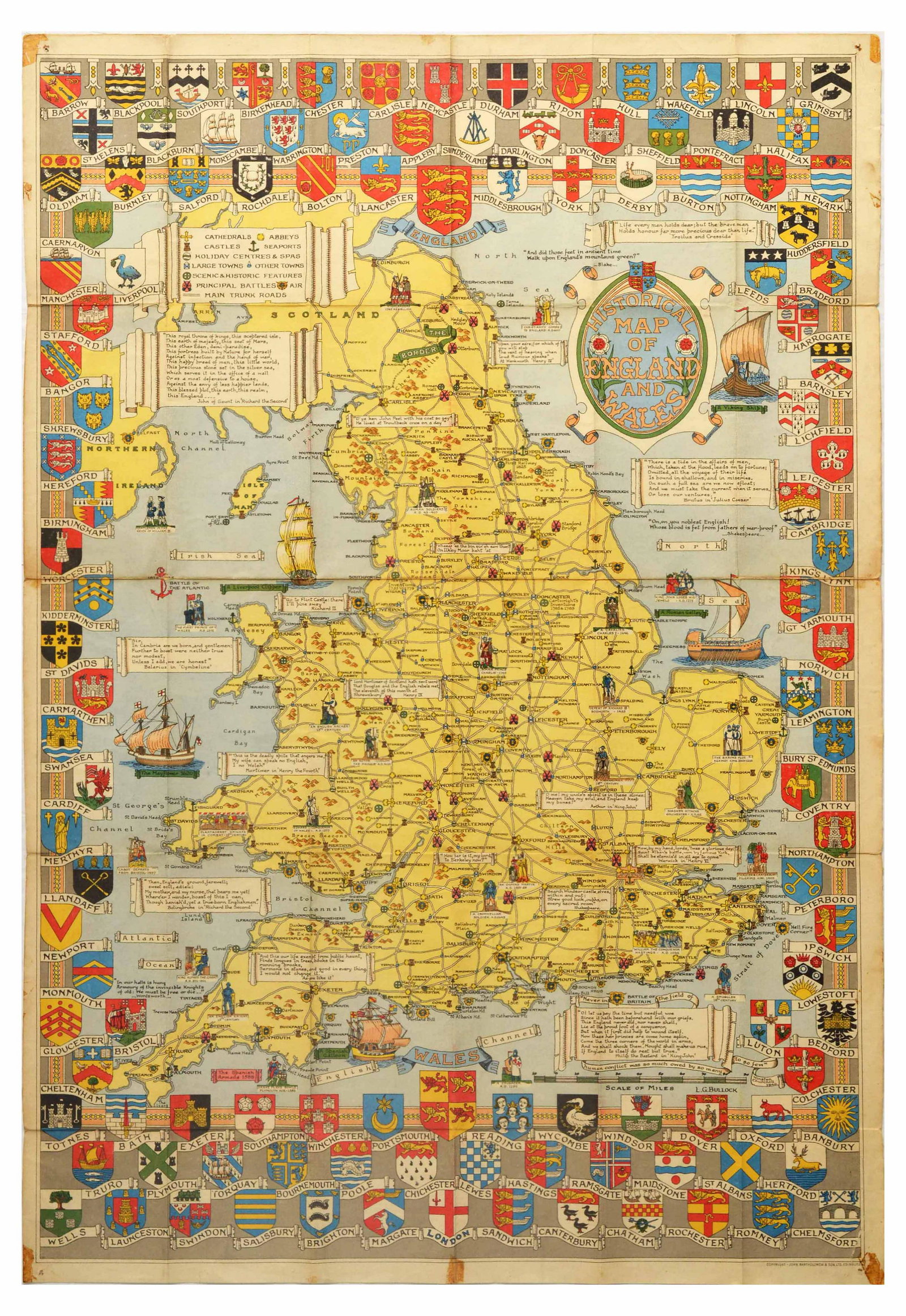 Travel Poster Illustrated Map Historical England Wales: Original vintage poster featuring a historical map of England and Wales. The map is yellow on a light blue background, and shows England and Wales’ major cities, towns, travel routes, cathedrals, ab