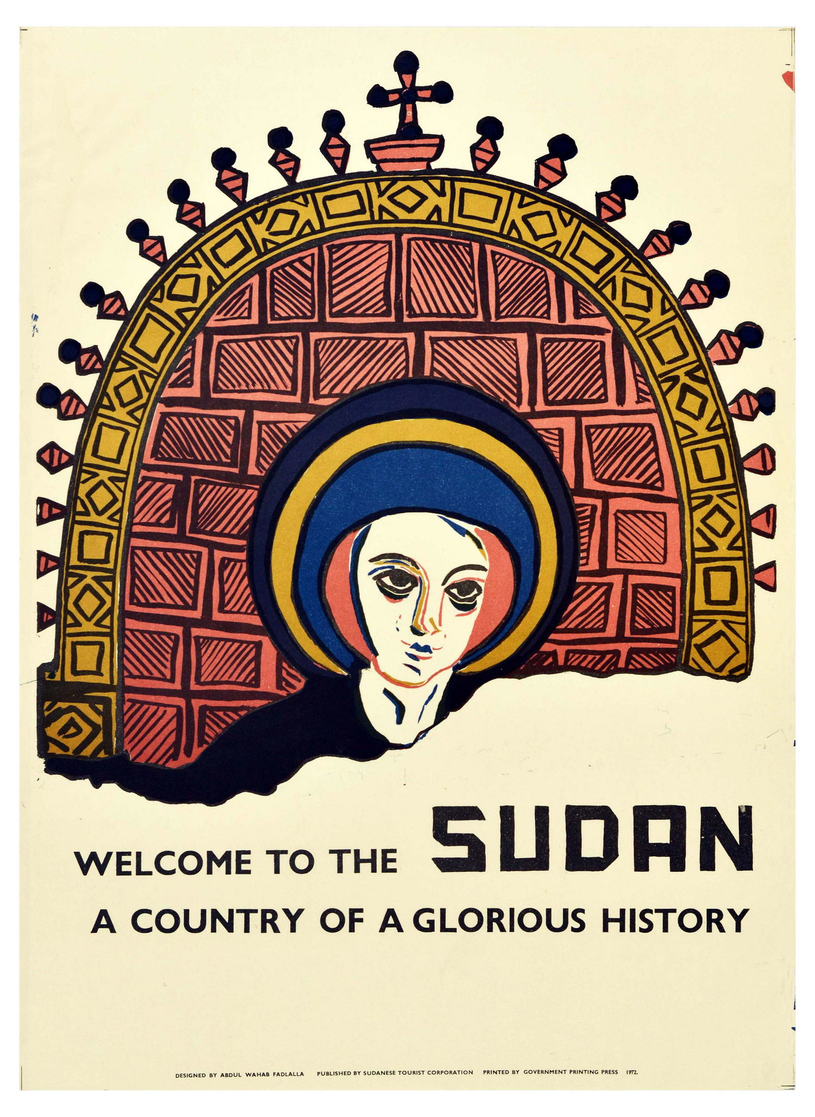Travel Poster Sudan Africa Country of Glorious History: Original vintage travel poster inviting the reader to visit Sudan - Welcome to the Sudan. A country of a glorious history. The picture in the poster most likely references Coptic art and features a po
