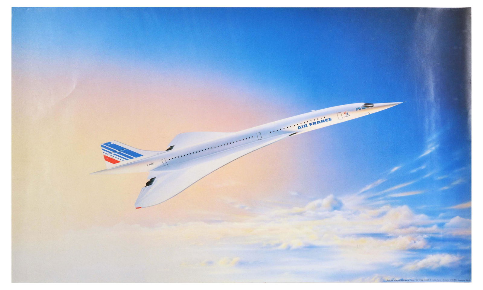 Travel Poster Air France Airline Concorde Sky: Original vintage advertising poster for Air France featuring a picture of Concorde flying over the ocean with a backdrop of clear blue sky. Concorde was the British-French supersonic passenger airline