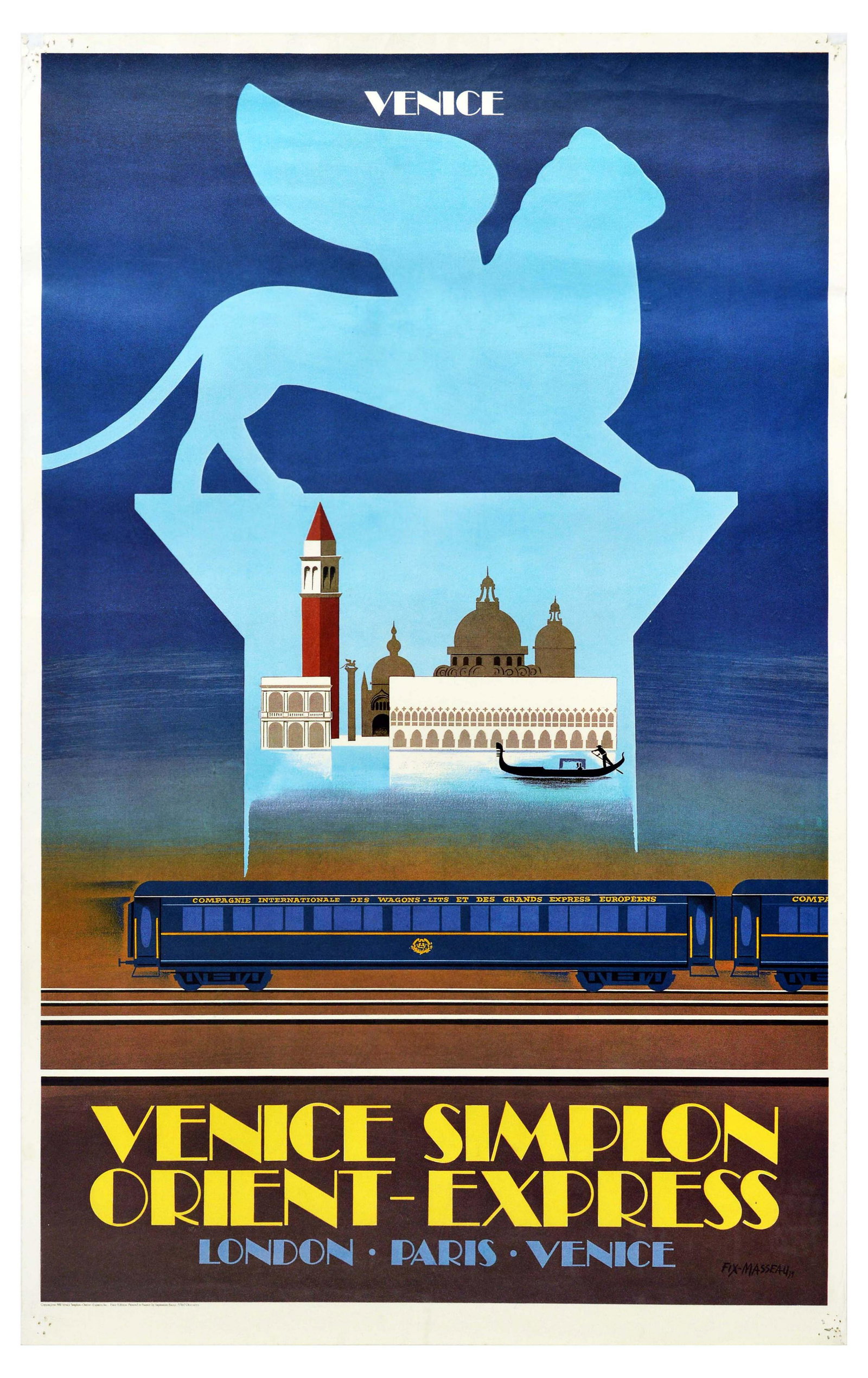 Travel Poster Venice Simplon Orient Express Railway St: Original vintage travel advertising poster for the Venice Simplon Orient-Express, London Paris Milan Venice. Art Deco style image featuring the skyline of Venice with a gondola on a canal in the foreg