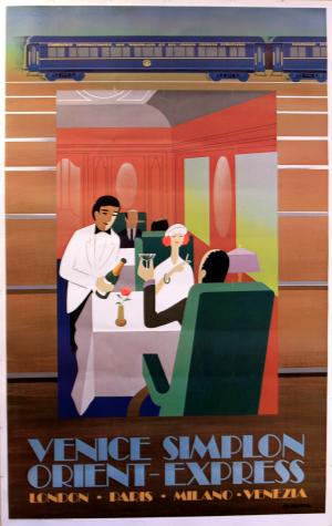 Travel Poster Orient Express Restaurant Art Deco: Original vintage travel advertising poster for the Venice Simplon Orient-Express. Art Deco style image of a couple enjoying a meal with campaign in a restaurant carriage. One of a series designed by F