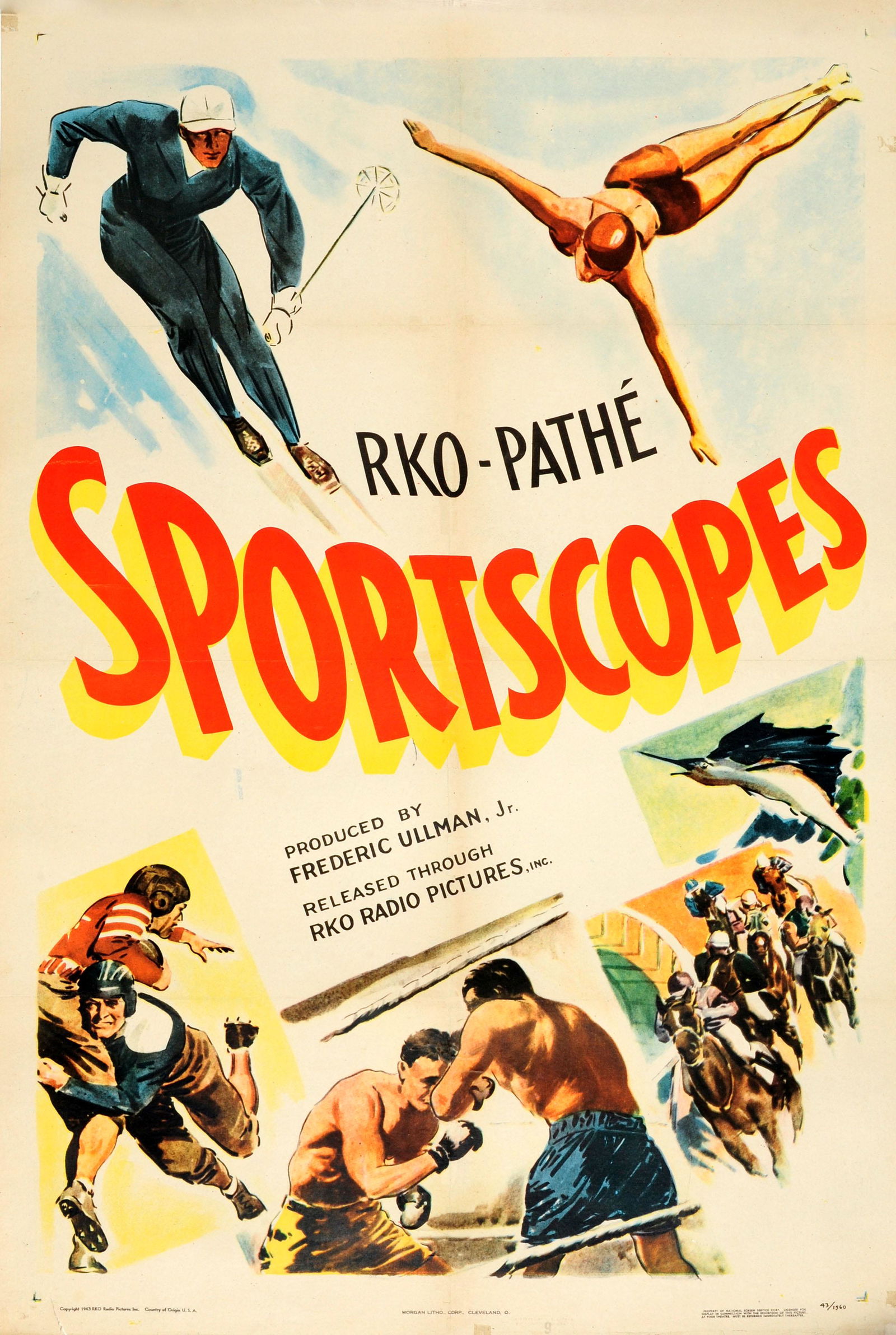 Sport Poster Skiing Boxing Diving Horce Racing Marlin: Original vintage documentary sports film poster: RKO-Pathe Sportscopes Produced by Frederic Ullman, Jr. Released through RKO Radio Pictures, Inc. Great image featuring various sports - skiing, swimmin