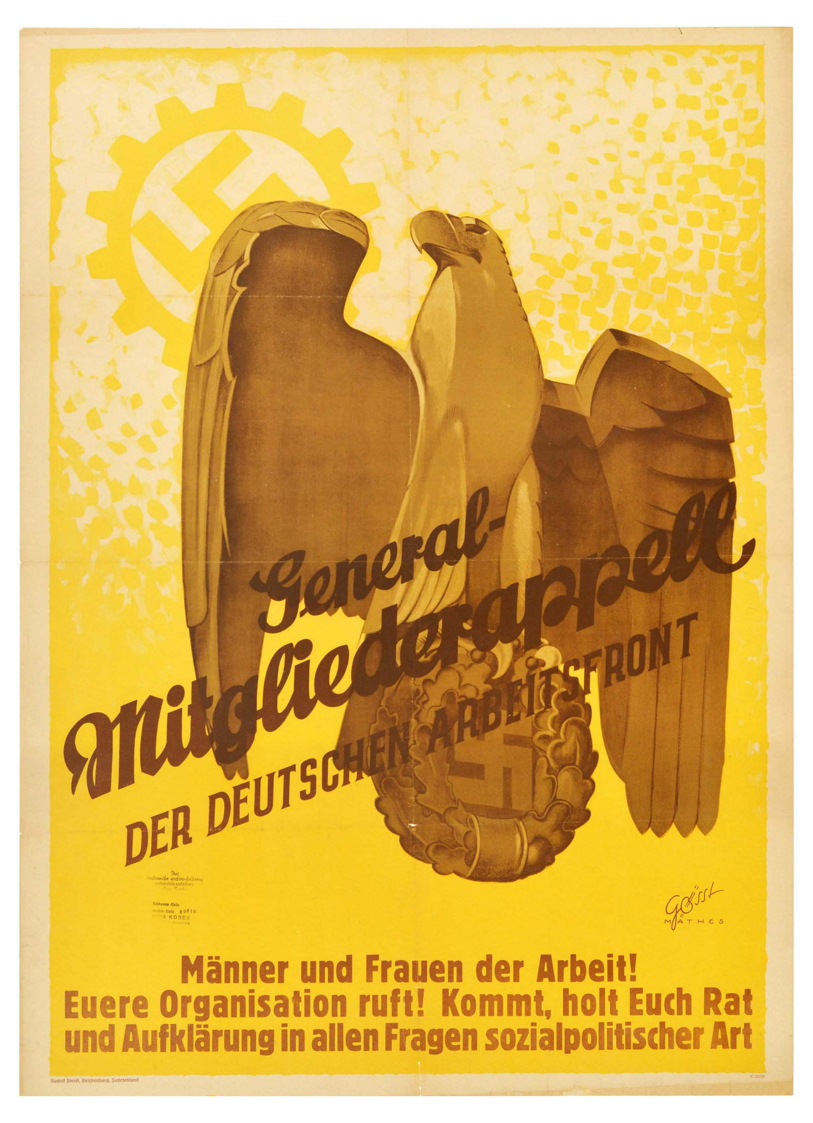 Propaganda Poster German Labour Front Nazi Eagle: Original vintage Nazi propaganda poster created to recruit members to the Deutschen Arbeitsfront / German Labour Front - a labour organisation led by Robert Ley to replace trade unions. Text translate