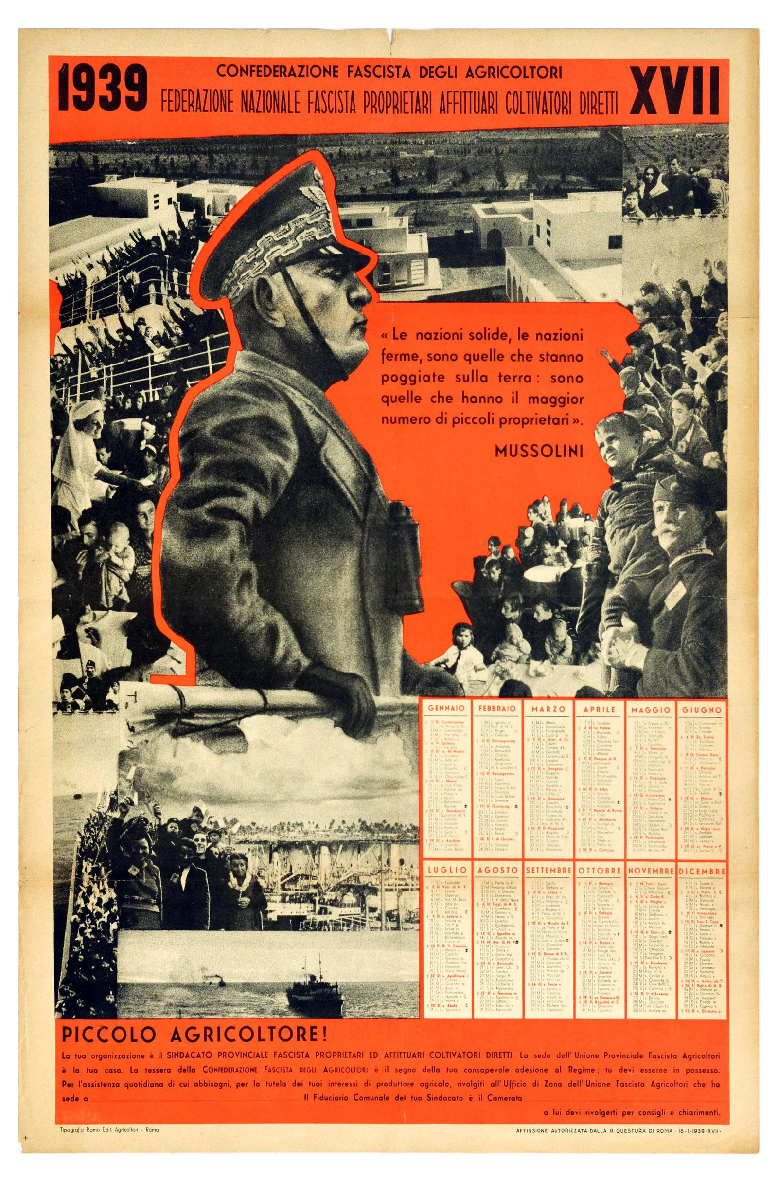Propaganda Poster Benito Mussolini Italy Fascist: Original vintage propaganda poster for - 1939 XVII Fascist Confederation of Farmers / 1939 XVII Confederazione Fascista Degli Agricoltori - the poster features an image of and a quote by Benito Mussol