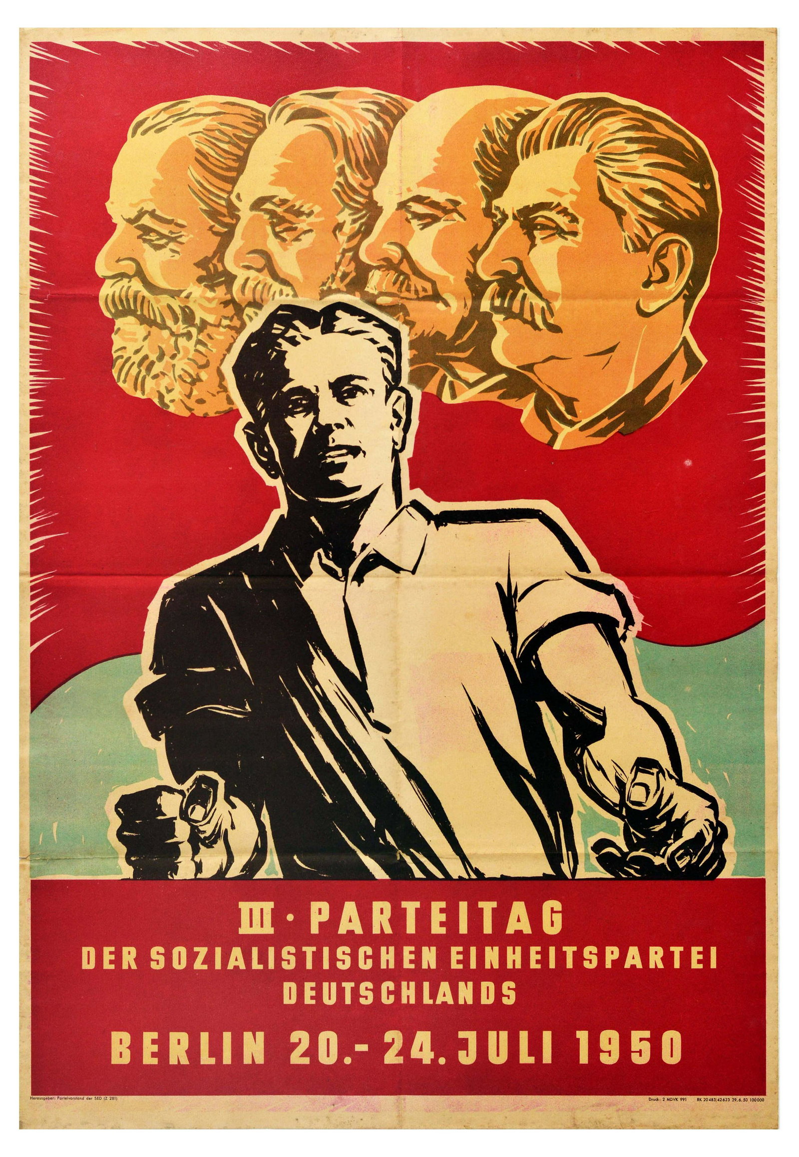 Propaganda Poster DDR Congress Socialist Germany Marx: Original vintage propaganda poster by the Socialist Unity Party of Germany - Design features an image in black and white of a man dressed in a shirt clenching his fist and looking at the spectator, wi