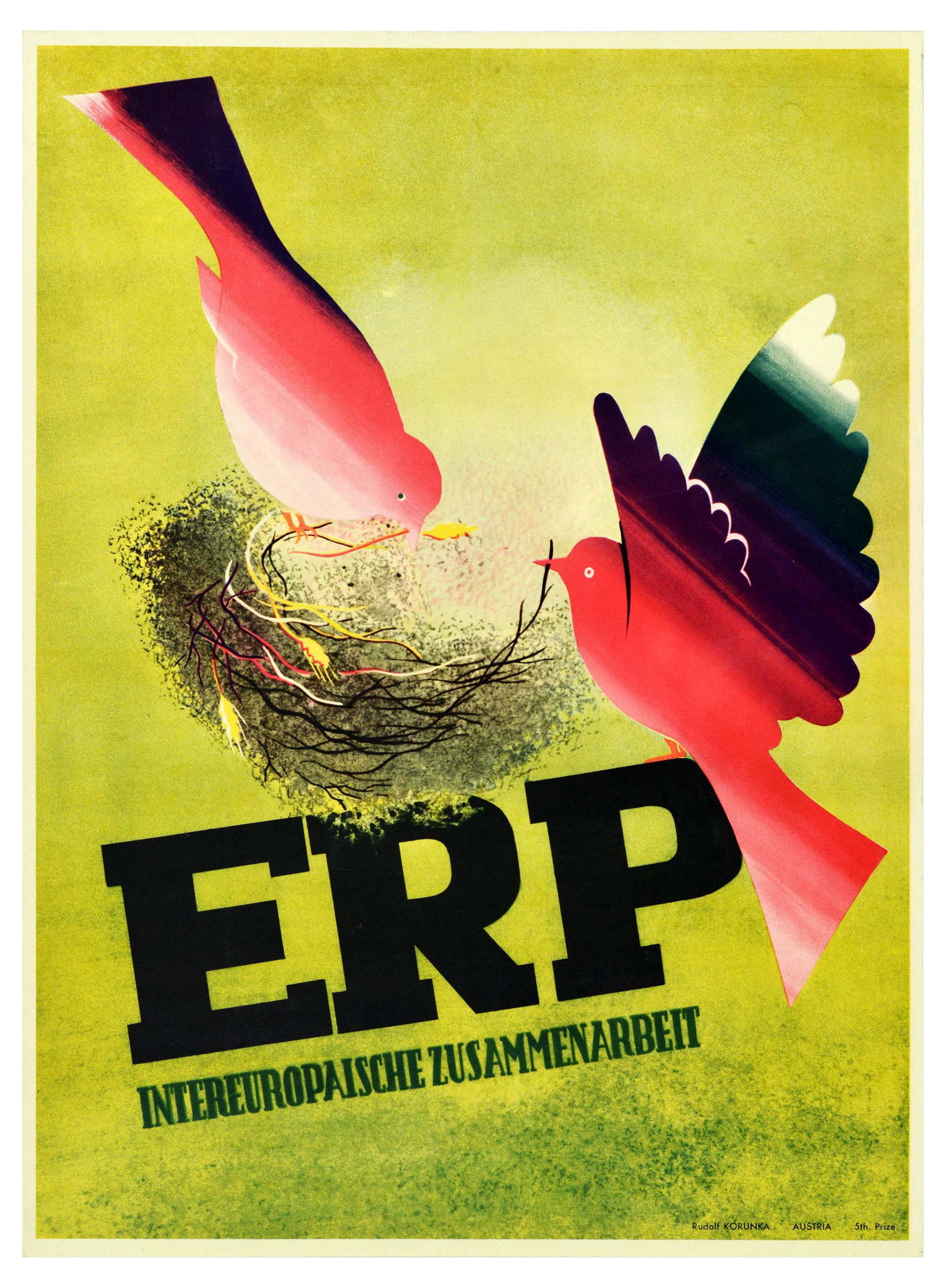 Propaganda Poster ERP Marshall Plan European: Original vintage propaganda poster for the post-war US sponsored European Recovery Program (1948) known as the Marshall plan - Intra-European cooperation / Intereuropäische Zusammenarbeit. Colourful