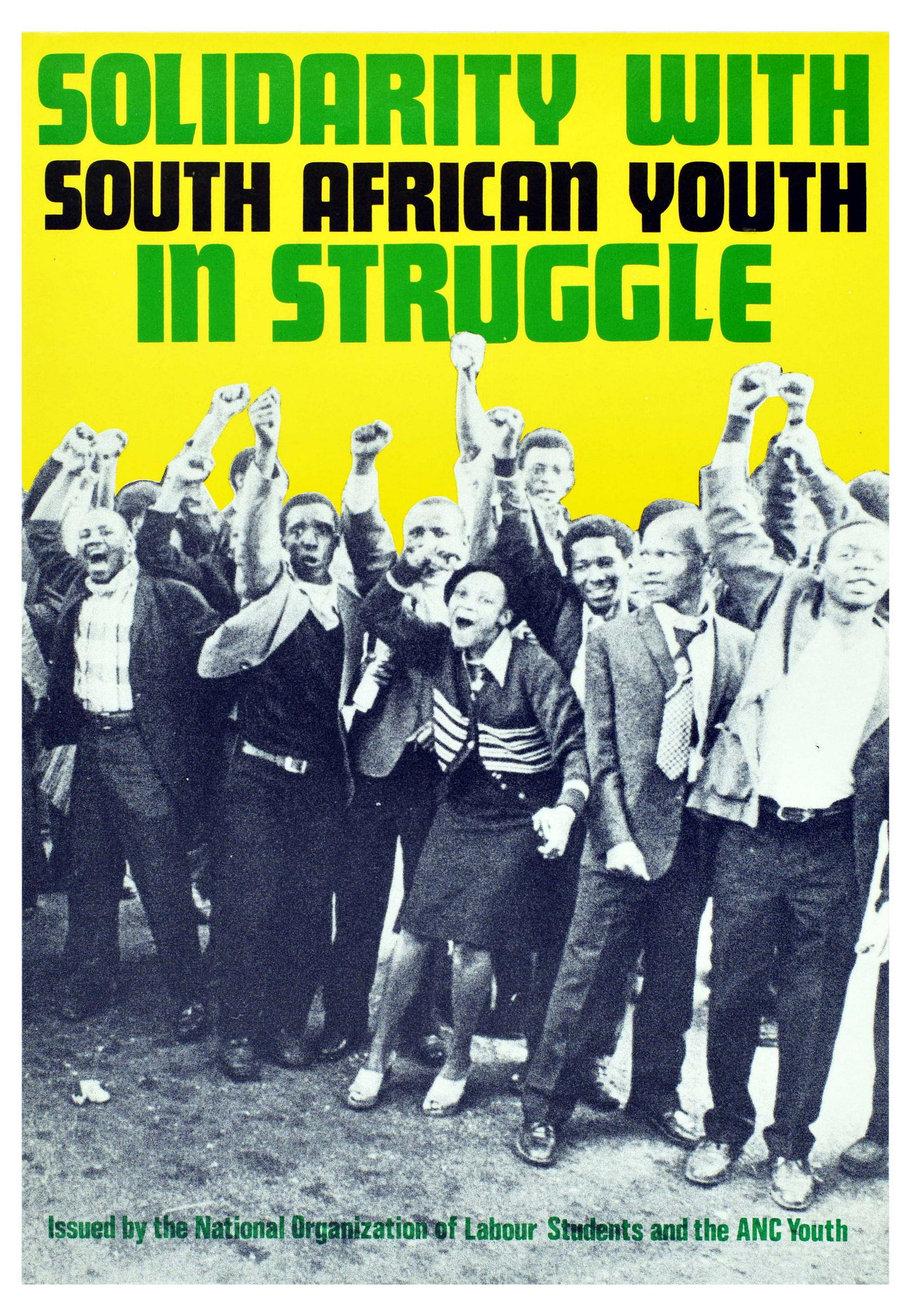 Propaganda Poster South Africa Youth Anti Apartheid ANC: Original vintage propaganda poster encouraging people to support the South African anti-apartheid movement. Text reads: Solidarity with South African Youth in struggle - issued by the National Organiz