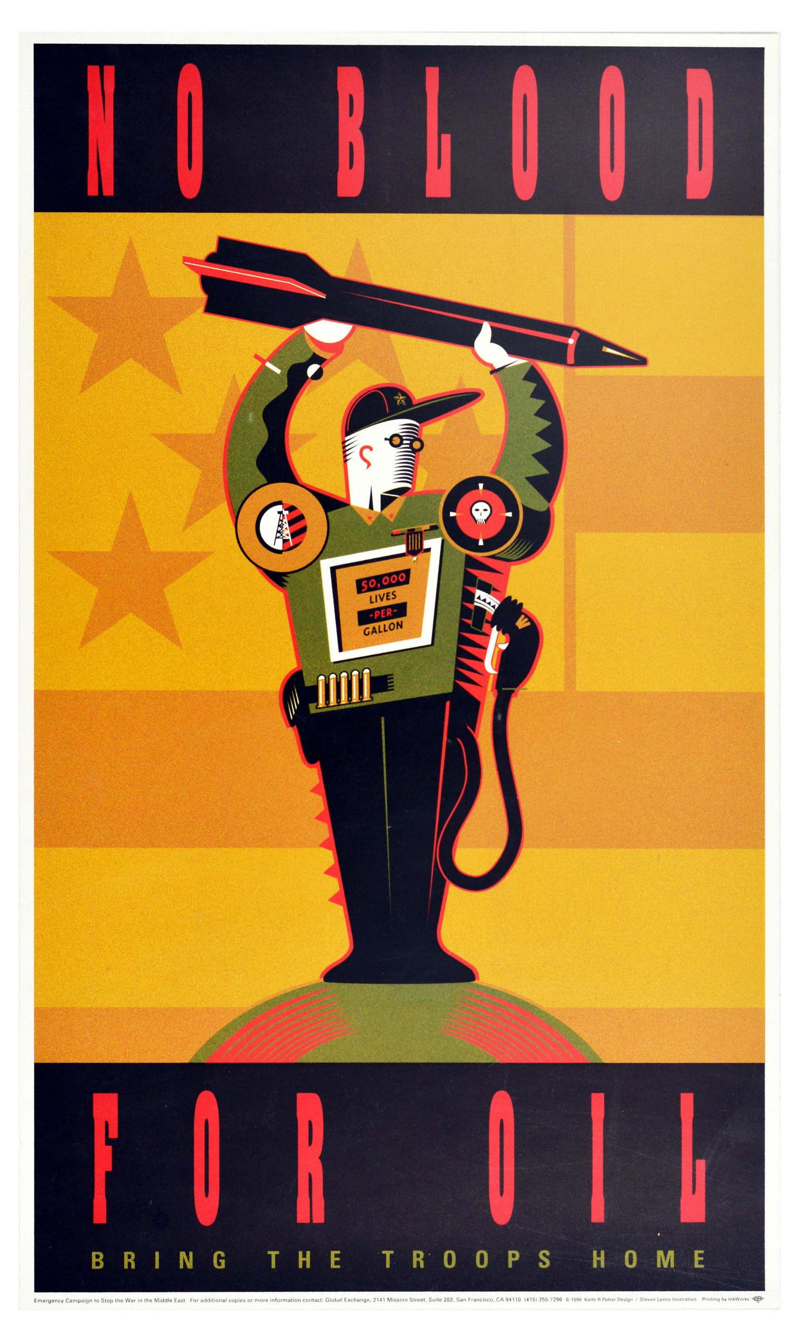 Propaganda Poster No Blood For Oil Anti War Middle East: Original vintage propaganda poster for an Emergency Campaign to Stop the War in the Middle East. The text in red and green over black background above and below the image reads - No Blood For Oil. Bri