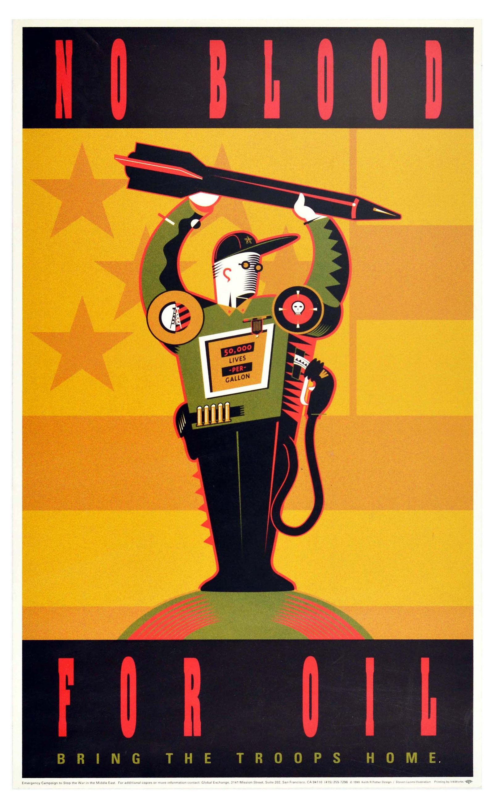 Propaganda Poster No Blood For Oil Anti War Middle East: Original vintage propaganda poster for an Emergency Campaign to Stop the War in the Middle East. The text in red and green over black background above and below the image reads - No Blood For Oil. Bri