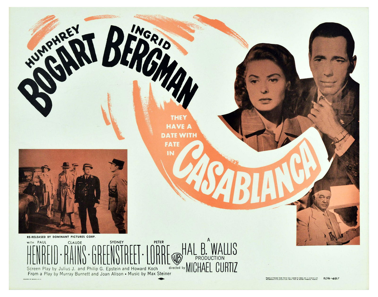 Movie Poster Casablanca Bogart Bergman: Original vintage movie poster for the re-release in 1956 of the 1942 classic film - Casablanca - directed by Michael Curtiz and starring Humphrey Bogart, Ingrid Bergman, Paul Henreid, Claude Rains, Sy