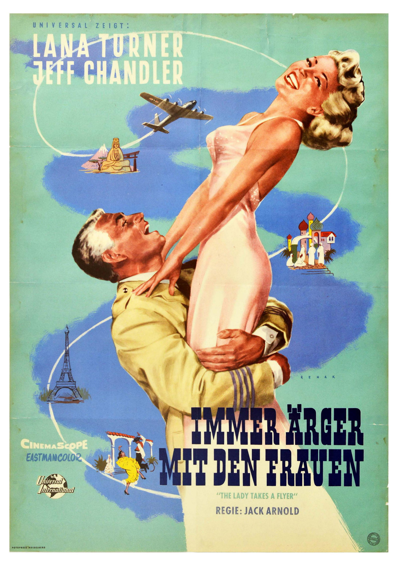 Movie Poster The Lady Takes a Flyer Lana Turner Paris: Original vintage German language film poster for Immer Arger mit den Frauen. Originally titled The Lady Takes a Flyer, the film is a 1958 US romantic comedy about pilots starring Lana Turner and Jeff 
