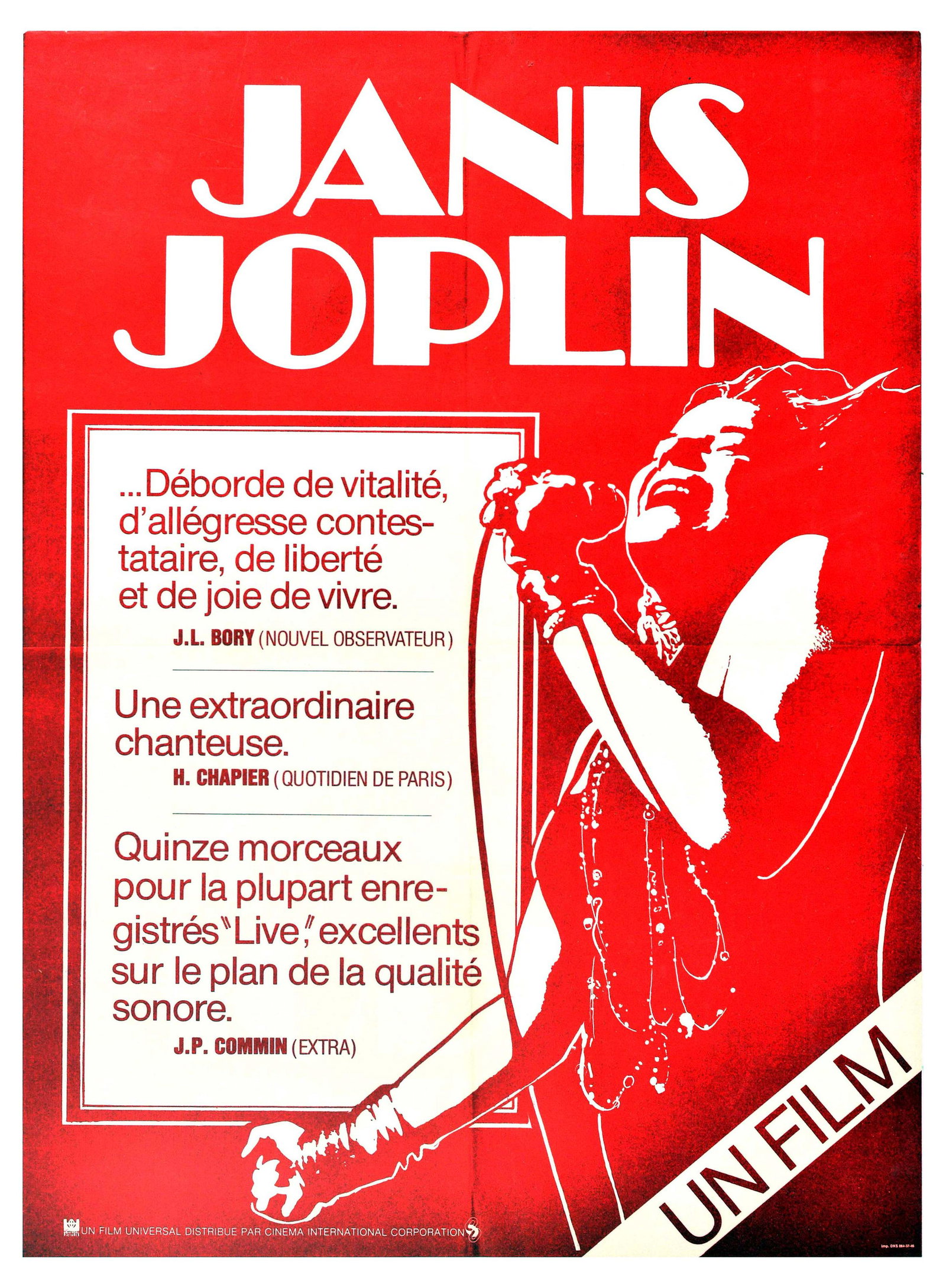 Movie Poster Janis Joplin Woodstock Singer: Original vintage cinema poster for the 1974 film Janis. A documentary film, Janis is a compilation of archival footage of rock singer Janis Joplin and includes rehearsal footage and Joplin’s 1969 Wo