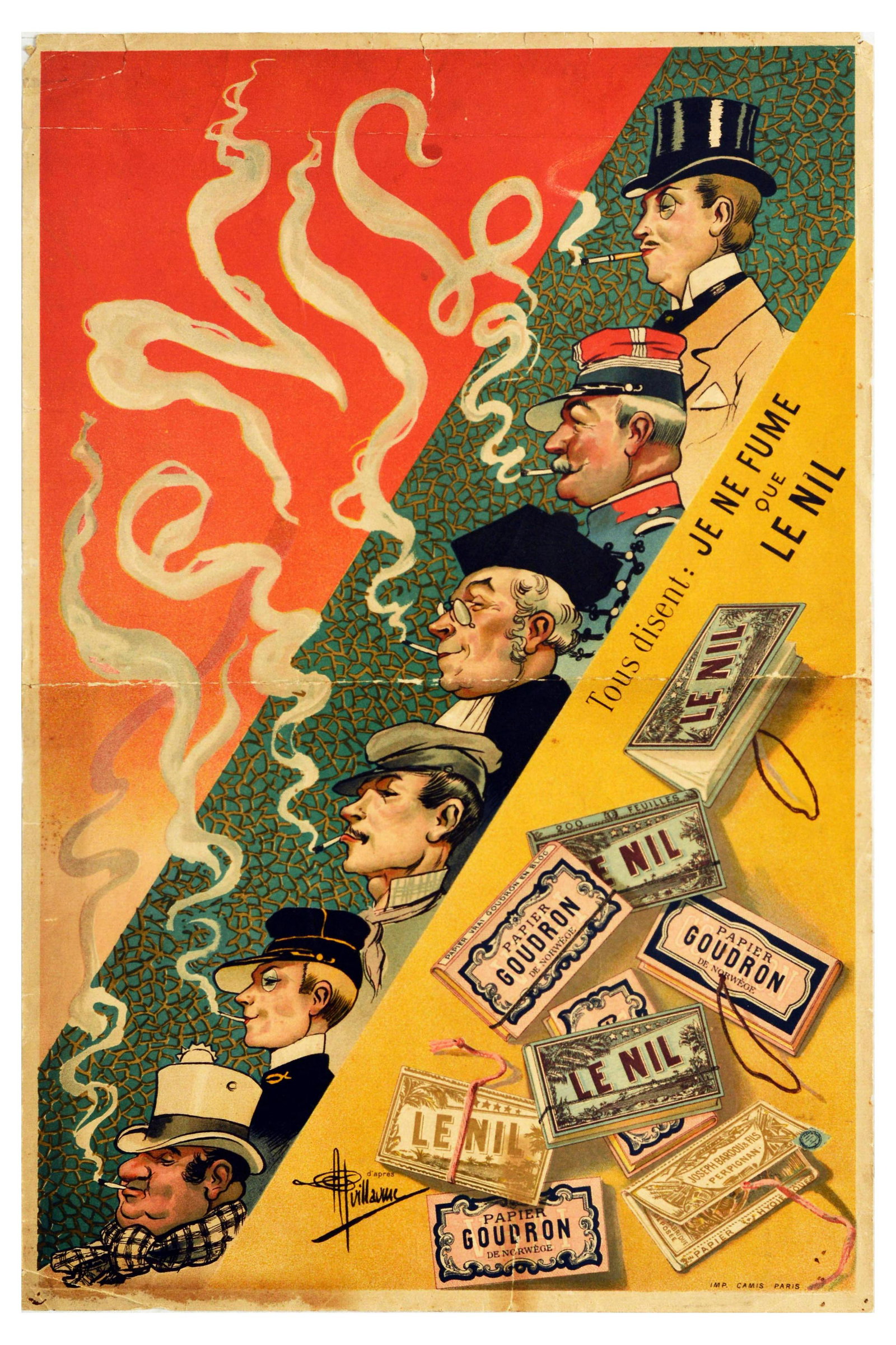 Advertising Poster Cigarettes Le Nil Tobacco Smoking: Original vintage advertising poster for Le Nil cigarettes featuring the slogan Tous Disent: Je Ne Fume Que Le Nil (They All Say I Only Smoke Le Nil). The image shows a line of six men, arranged diagon